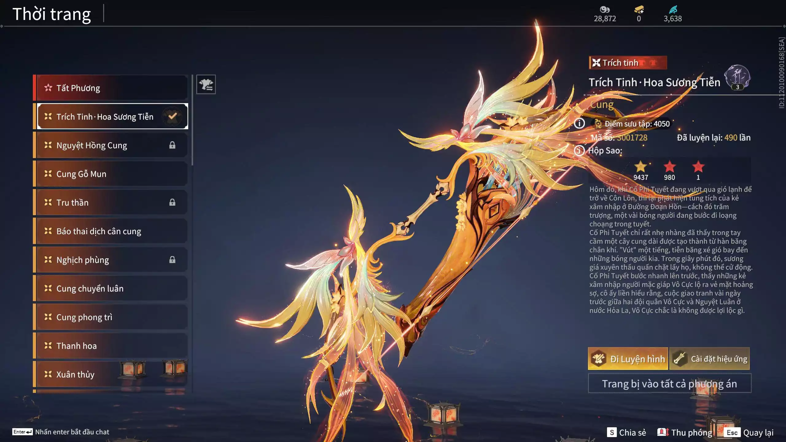 Ảnh ACC VIP MS: 010725 1 Trích Tinh: Cung-Hoa Sương Tiễn ( 1 Sao Vàng, 2 Sao Đỏ), 16 Vũ khí đỏ, 12 Trang Phục đỏ, 10 Thời Trang Bikini, 9 Phụ Kiện Hóa Hình, Nhiều Thời Trang Limited