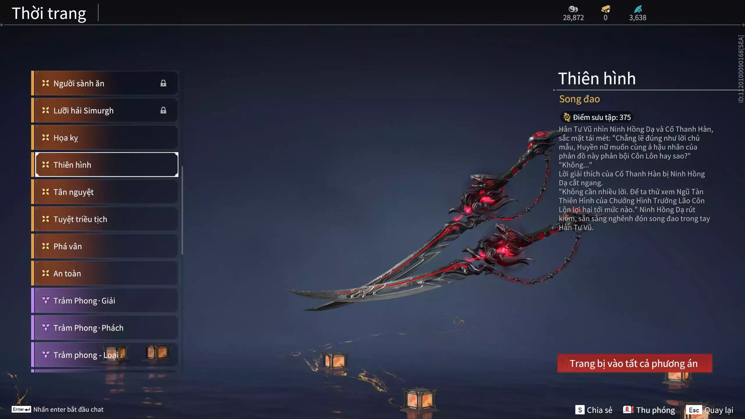 Ảnh ACC VIP MS: 010725 1 Trích Tinh: Cung-Hoa Sương Tiễn ( 1 Sao Vàng, 2 Sao Đỏ), 16 Vũ khí đỏ, 12 Trang Phục đỏ, 10 Thời Trang Bikini, 9 Phụ Kiện Hóa Hình, Nhiều Thời Trang Limited