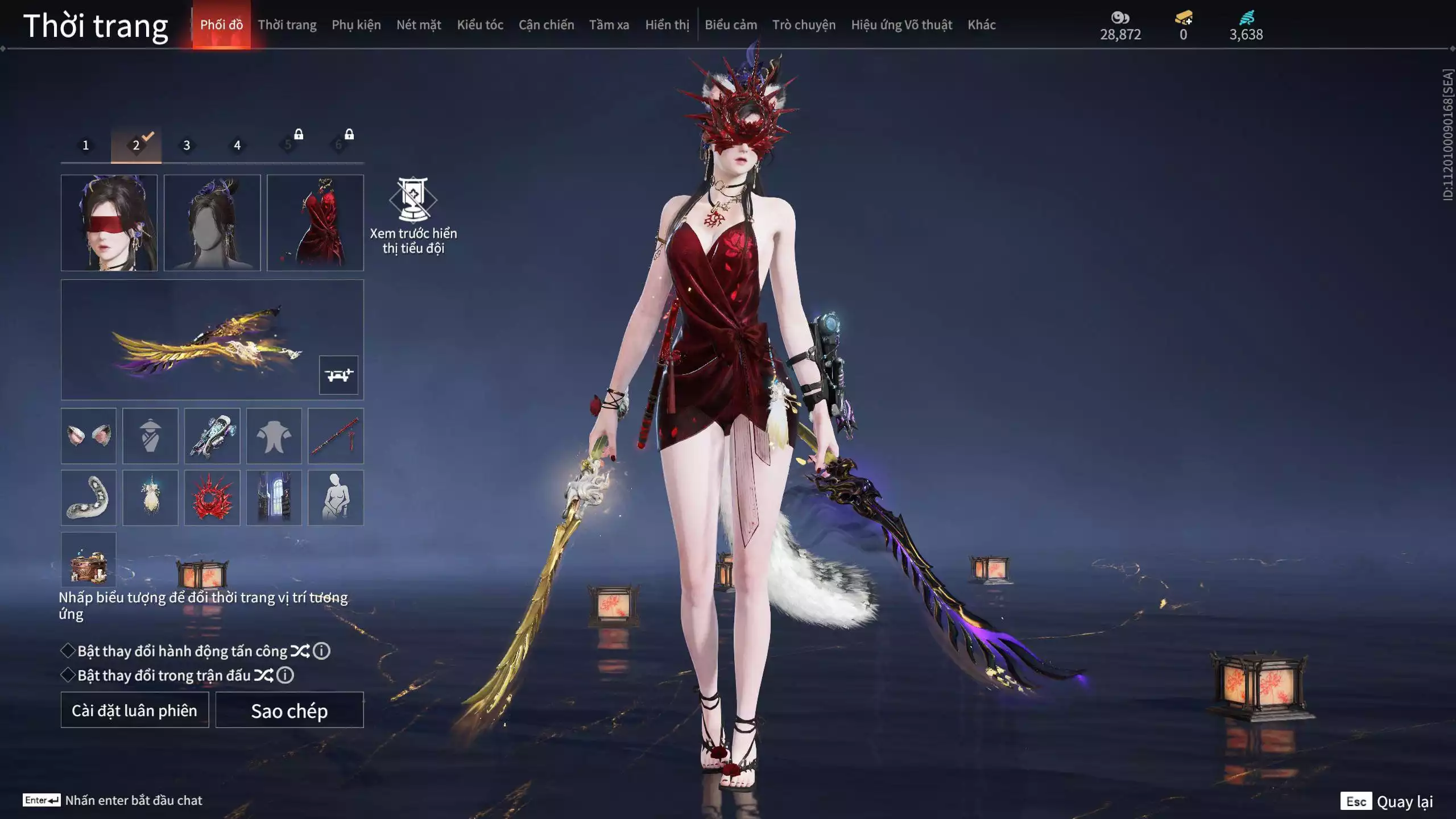 Ảnh ACC VIP MS: 010725 1 Trích Tinh: Cung-Hoa Sương Tiễn ( 1 Sao Vàng, 2 Sao Đỏ), 16 Vũ khí đỏ, 12 Trang Phục đỏ, 10 Thời Trang Bikini, 9 Phụ Kiện Hóa Hình, Nhiều Thời Trang Limited