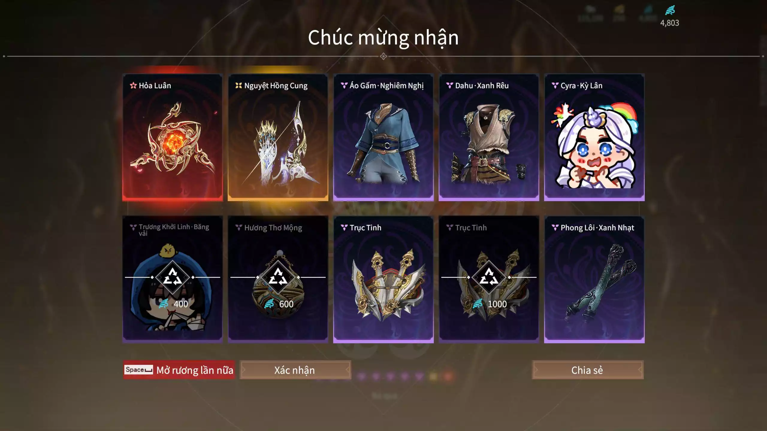 Ảnh Acc 516: 1 Trích Tinh, 5 Vũ khí đỏ, 2 Trang phục đỏ, Sẵn 1 rương tùy chọn 1 đồ đỏ bất kỳ