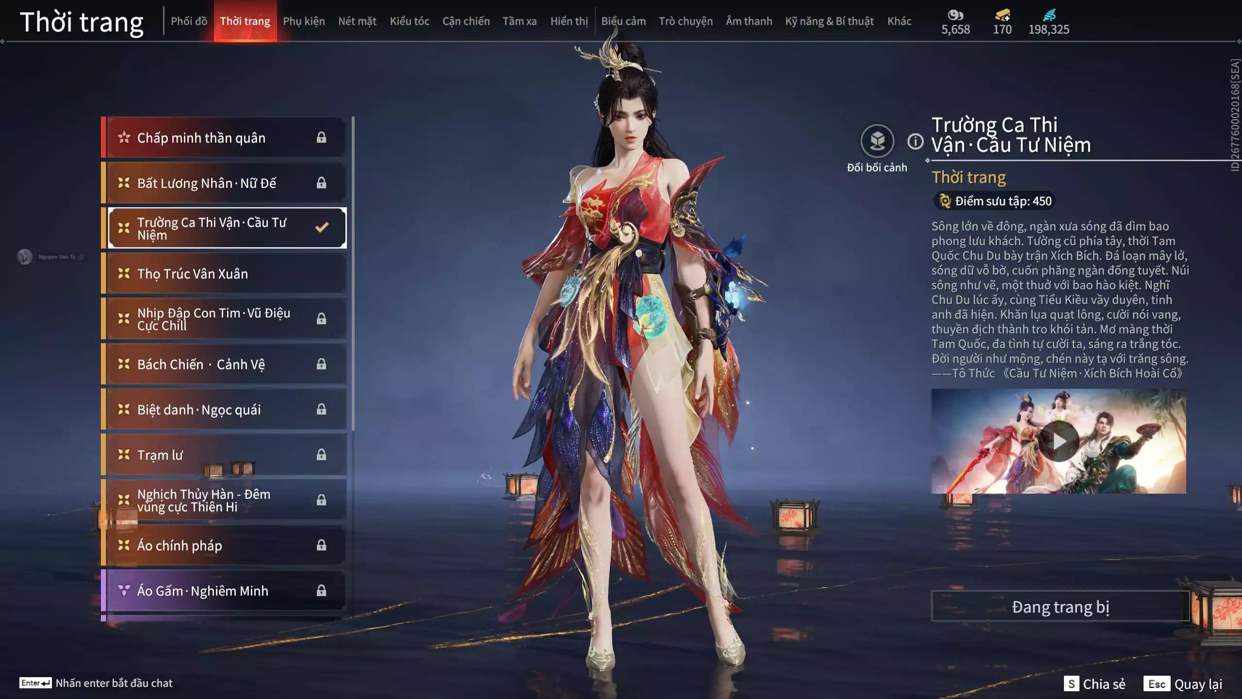 Ảnh Acc 653: 7 Vũ khí đỏ: Hỏa Luân, Kỳ Lân Phách, Tinh Đế, Kích Phi Tướng, Song Long Chầu Nguyệt, Ánh Thanh Thiên, Long Tước, 5 Trang phục đỏ: Tiên Nữ Trong Tranh, Tân Hôn Nhuộm Đỏ, Cô Phù Thủy Nhỏ, Báu Vật Biển, Hoa Của Cát