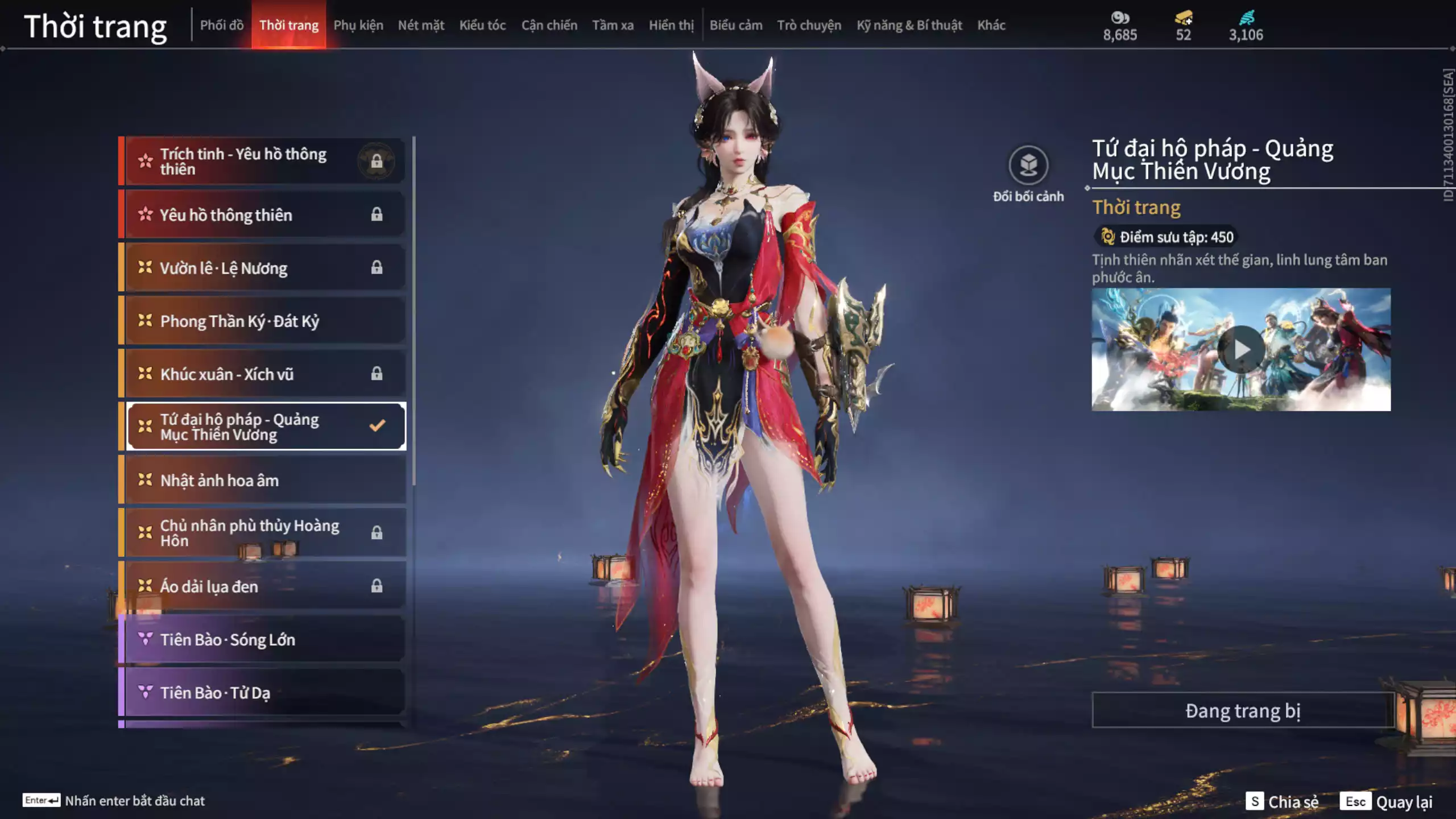 Ảnh Acc 601:5 Vũ khí đỏ: Bỉ Nghệ, Song Long Chầu Nguyệt, Pháo Thiên Phạt, Long Tước, Ánh Thanh Thiên, 3 Trang phục đỏ: Domaru-Tà Dương, Hóa Thân Minh Vương, Điệp Mộng