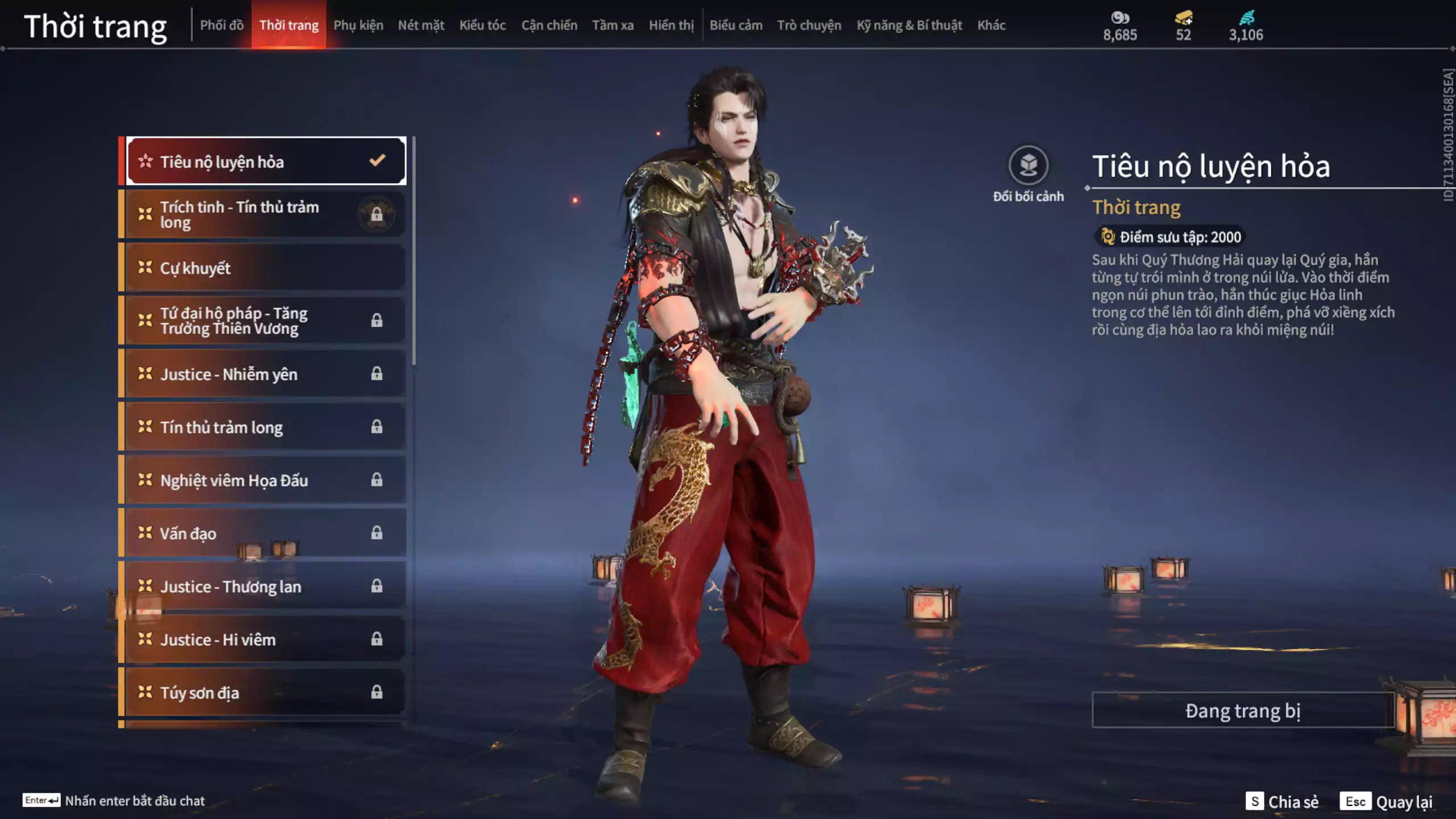 Ảnh Acc 601:5 Vũ khí đỏ: Bỉ Nghệ, Song Long Chầu Nguyệt, Pháo Thiên Phạt, Long Tước, Ánh Thanh Thiên, 3 Trang phục đỏ: Domaru-Tà Dương, Hóa Thân Minh Vương, Điệp Mộng