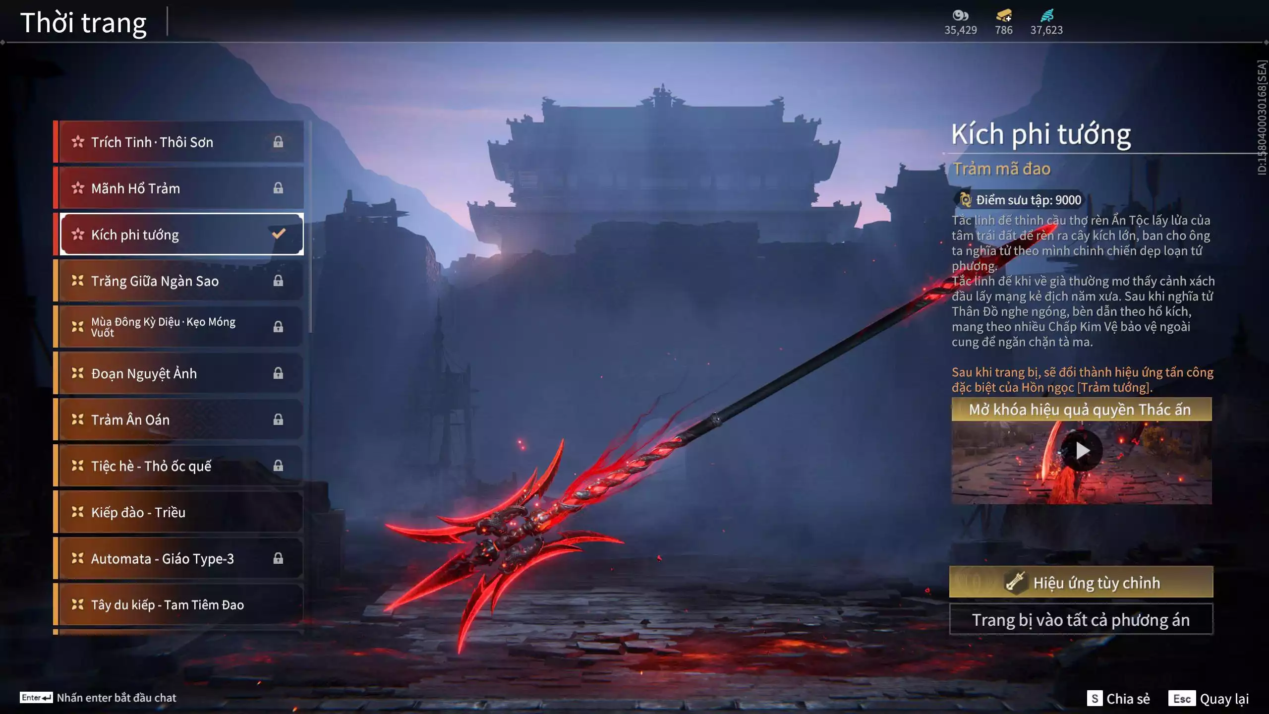 Ảnh Acc 614:Trích Tinh: Tín Thủ Trảm Long ( 1 sao vàng), 12 Vũ khí đỏ, 7 Trang phục đỏ