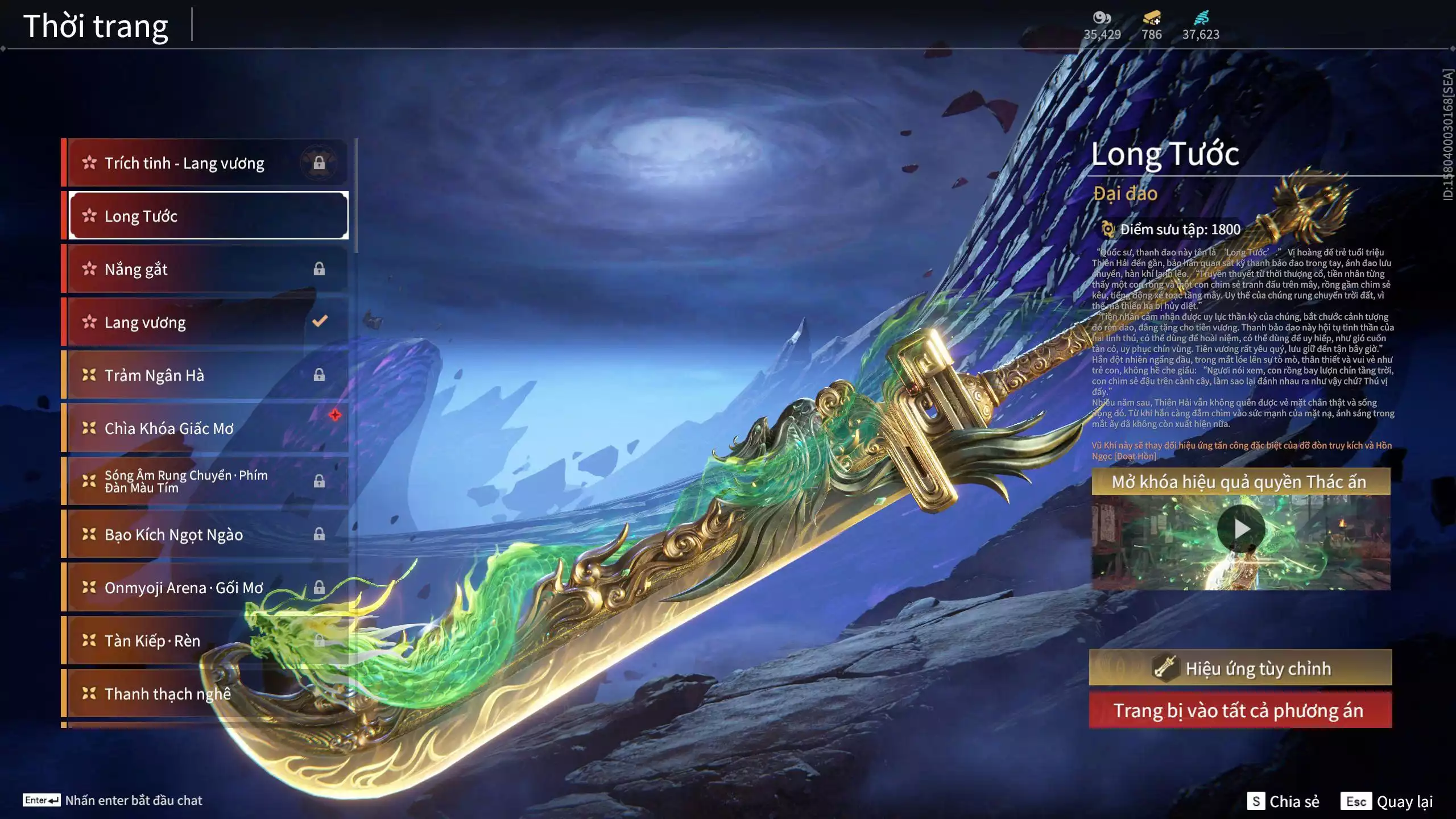 Ảnh Acc 614:Trích Tinh: Tín Thủ Trảm Long ( 1 sao vàng), 12 Vũ khí đỏ, 7 Trang phục đỏ