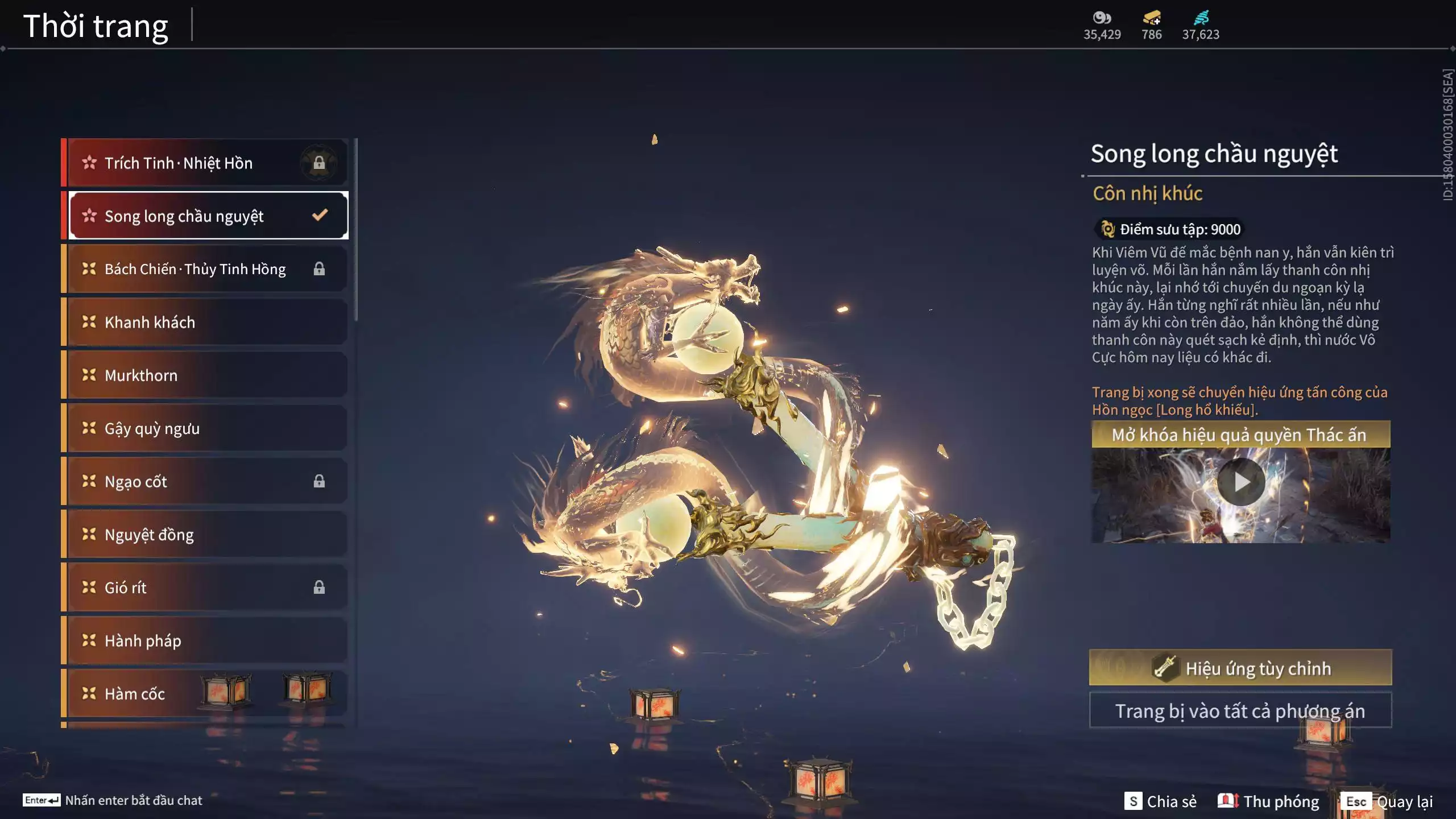 Ảnh Acc 614:Trích Tinh: Tín Thủ Trảm Long ( 1 sao vàng), 12 Vũ khí đỏ, 7 Trang phục đỏ