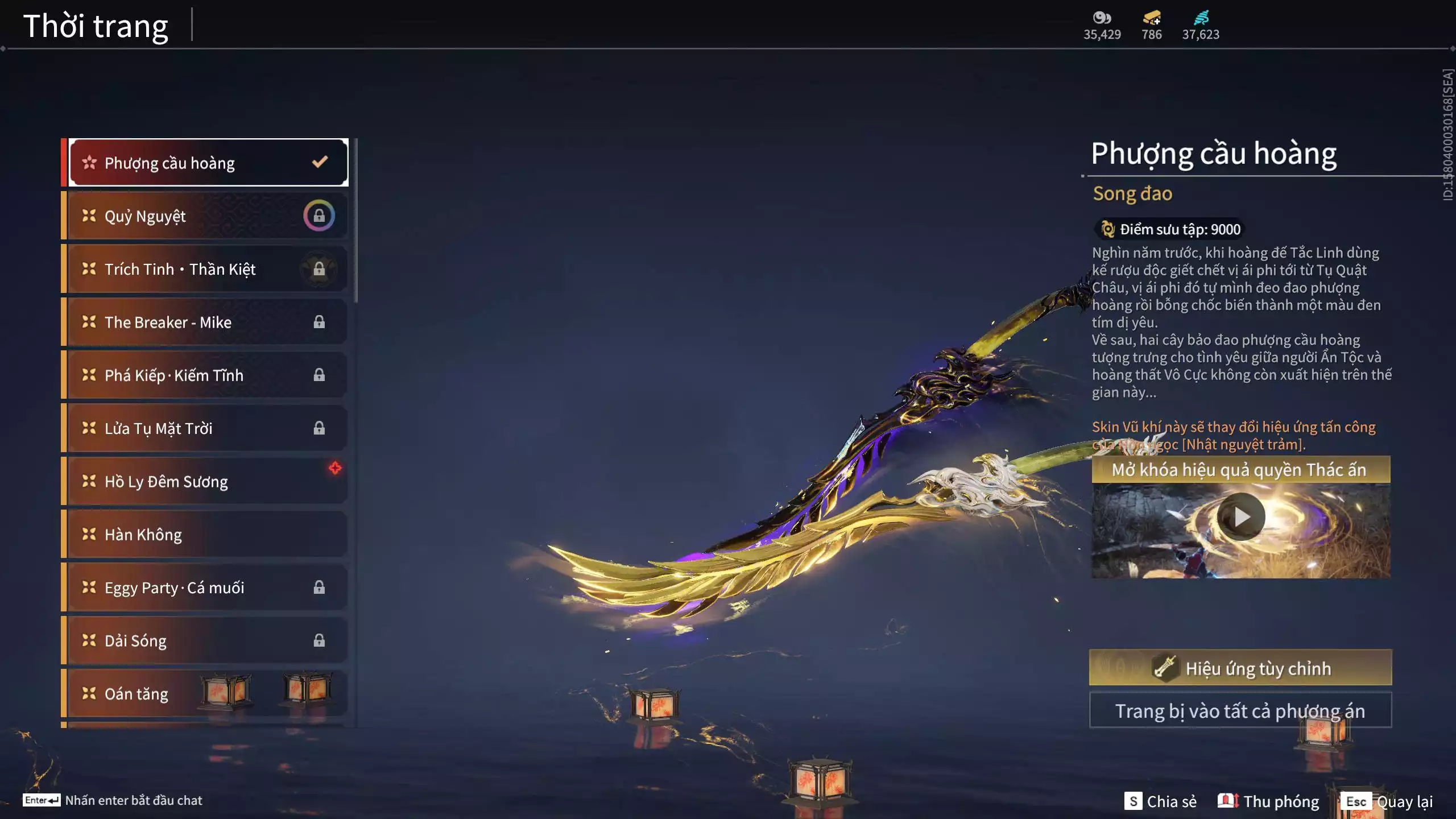 Ảnh Acc 614:Trích Tinh: Tín Thủ Trảm Long ( 1 sao vàng), 12 Vũ khí đỏ, 7 Trang phục đỏ