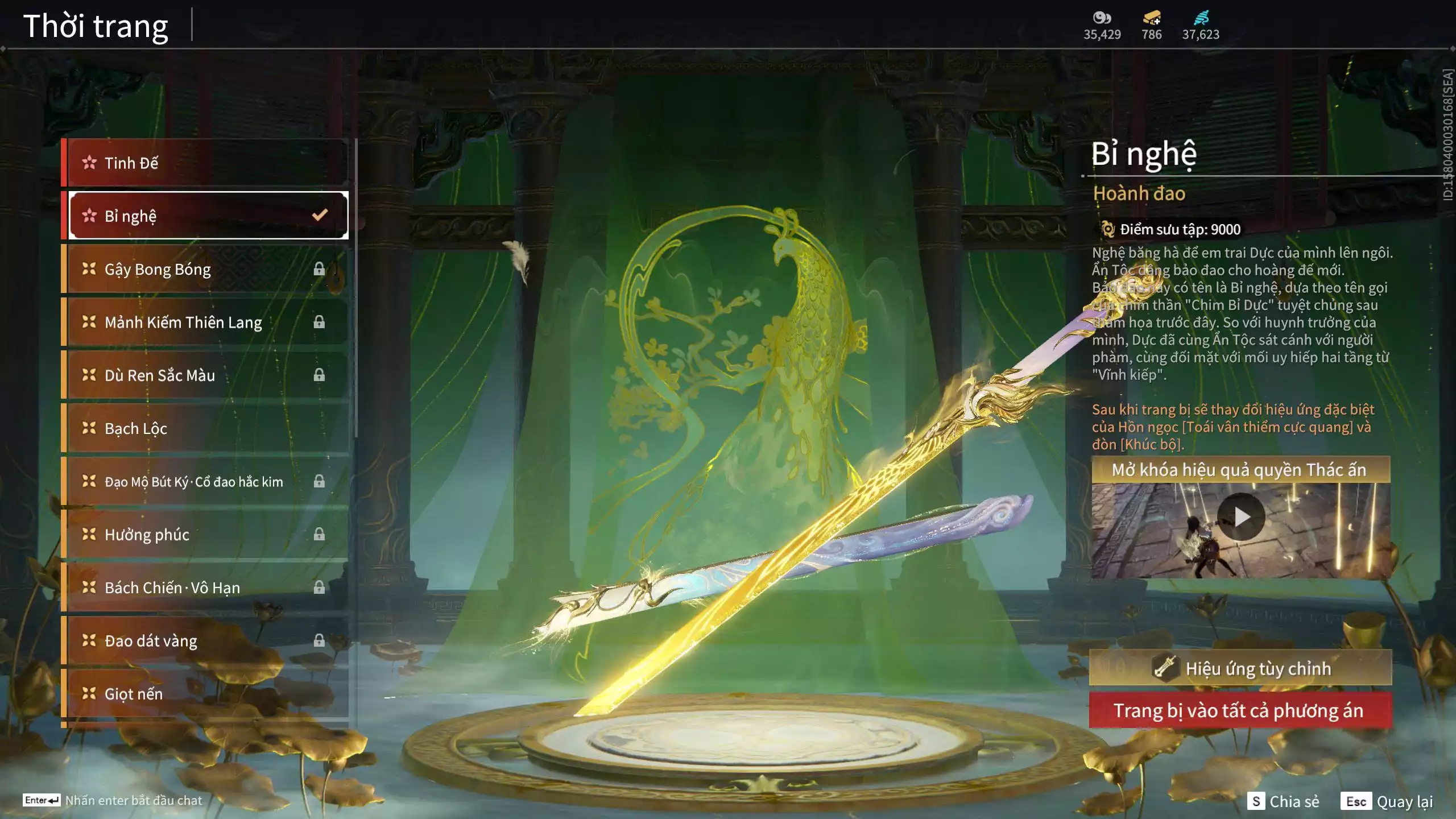 Ảnh Acc 614:Trích Tinh: Tín Thủ Trảm Long ( 1 sao vàng), 12 Vũ khí đỏ, 7 Trang phục đỏ