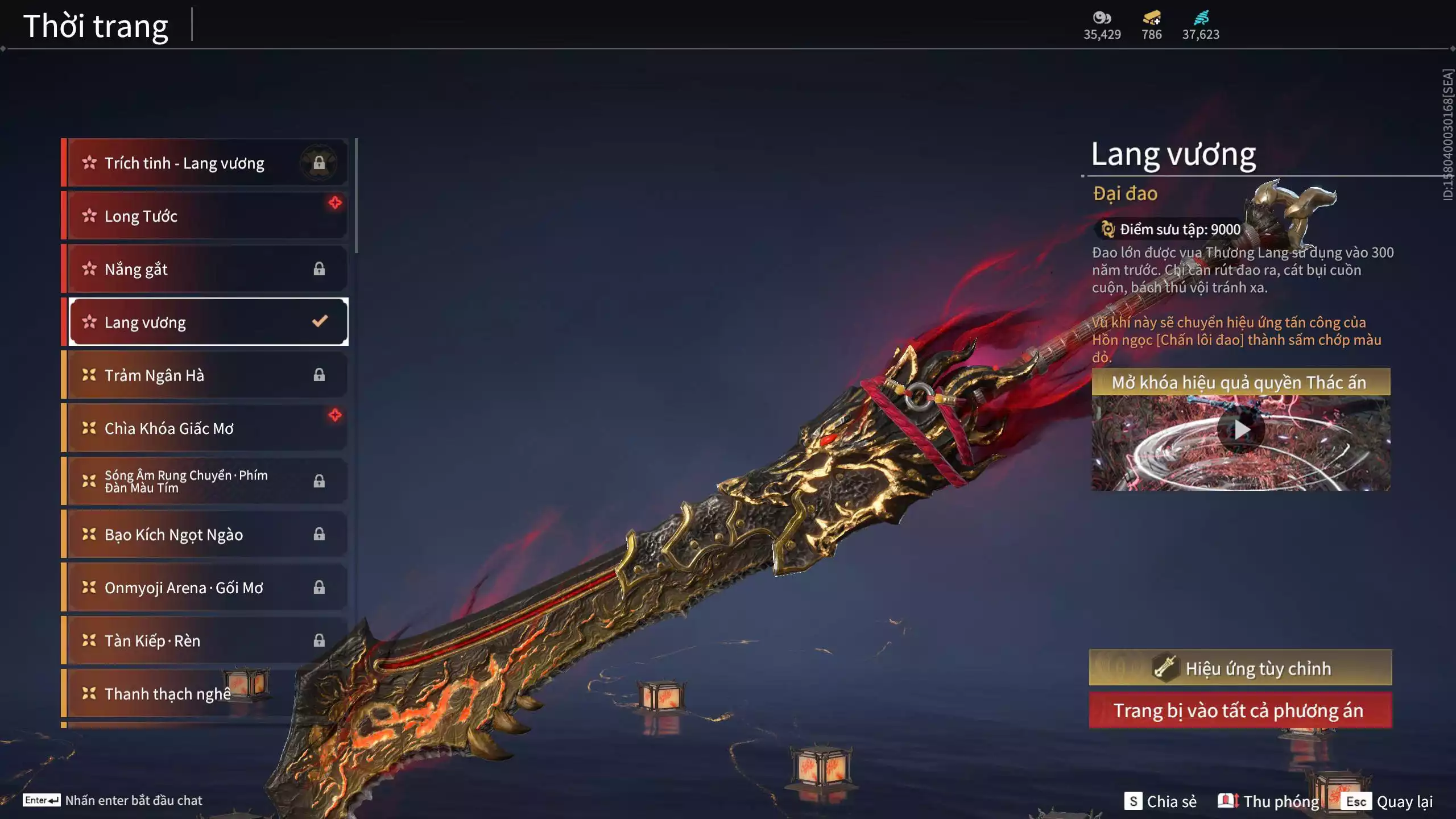 Ảnh Acc 614:Trích Tinh: Tín Thủ Trảm Long ( 1 sao vàng), 12 Vũ khí đỏ, 7 Trang phục đỏ