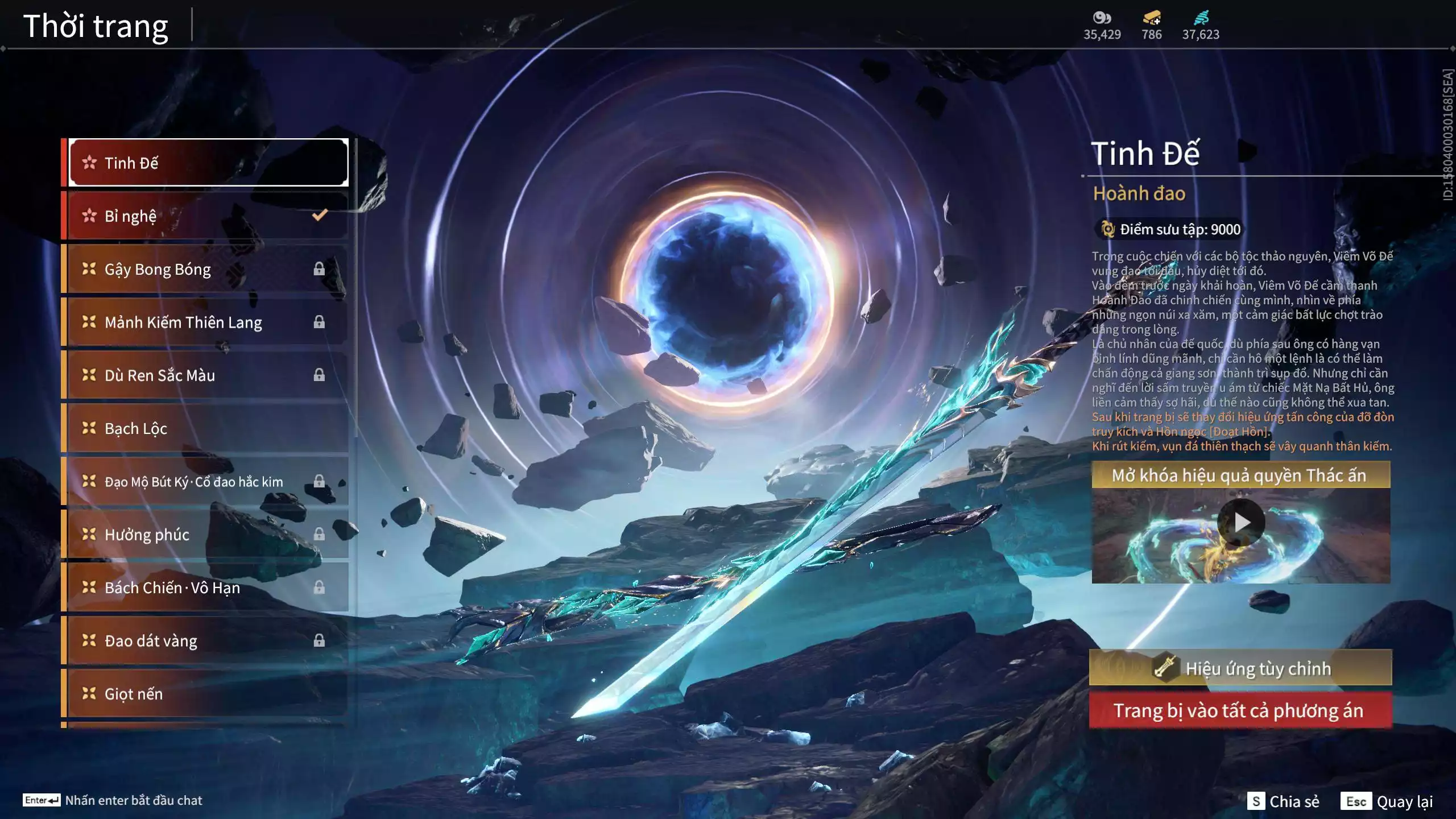 Ảnh Acc 614:Trích Tinh: Tín Thủ Trảm Long ( 1 sao vàng), 12 Vũ khí đỏ, 7 Trang phục đỏ