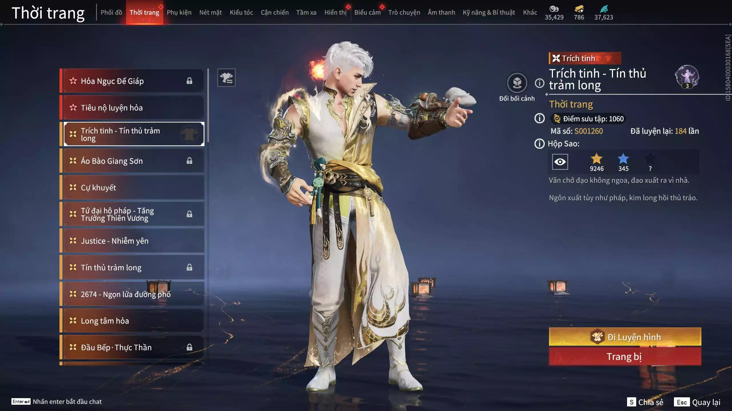 Ảnh Acc 614:Trích Tinh: Tín Thủ Trảm Long ( 1 sao vàng), 12 Vũ khí đỏ, 7 Trang phục đỏ