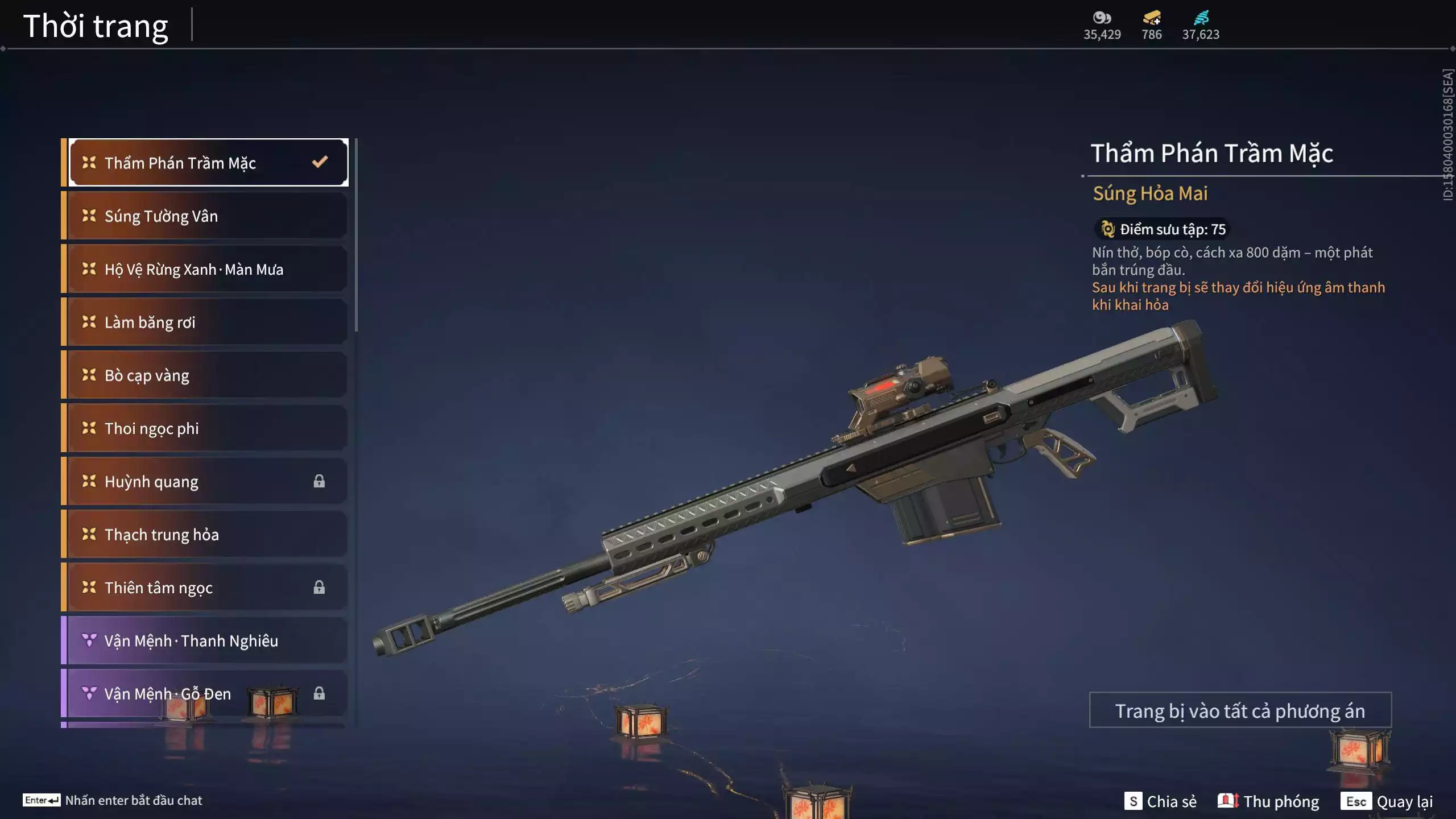 Ảnh Acc 614:Trích Tinh: Tín Thủ Trảm Long ( 1 sao vàng), 12 Vũ khí đỏ, 7 Trang phục đỏ