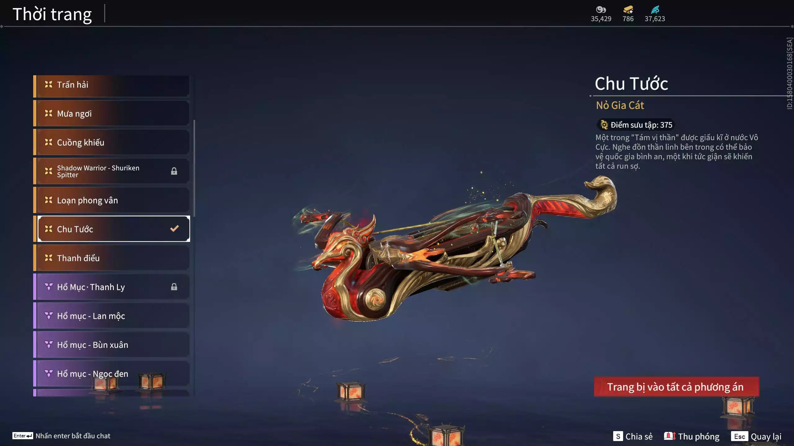 Ảnh Acc 614:Trích Tinh: Tín Thủ Trảm Long ( 1 sao vàng), 12 Vũ khí đỏ, 7 Trang phục đỏ