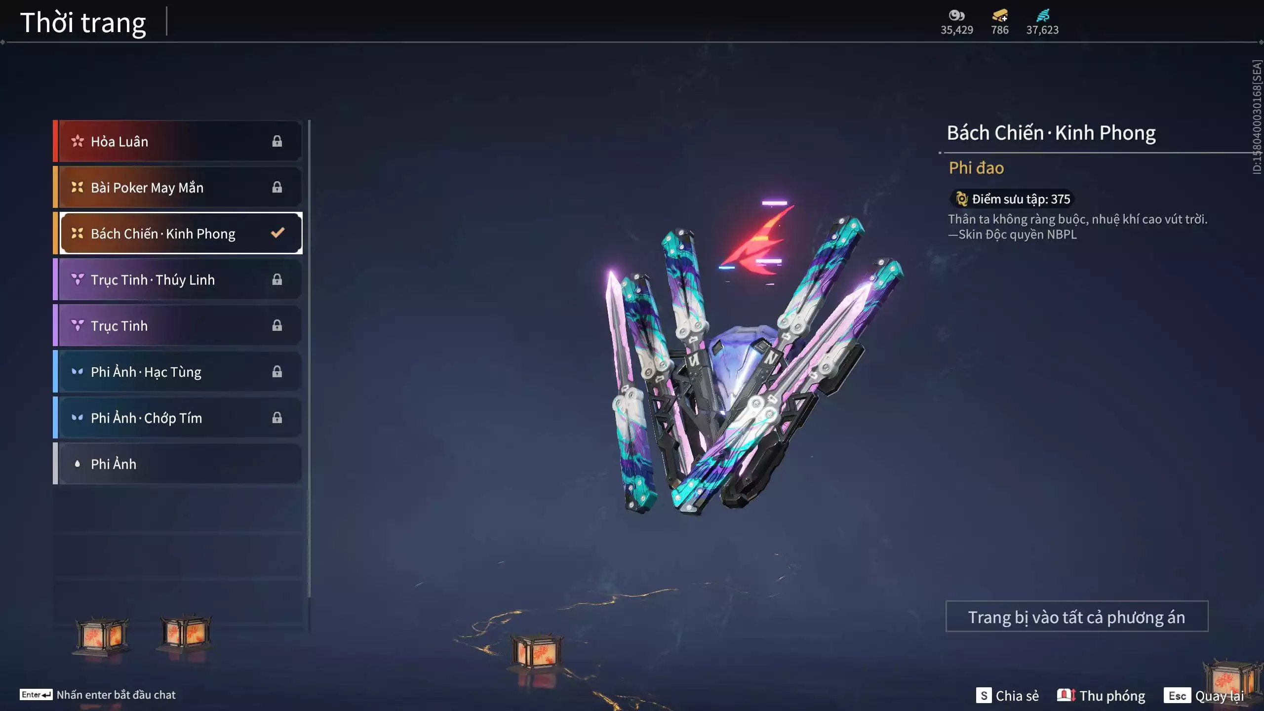 Ảnh Acc 614:Trích Tinh: Tín Thủ Trảm Long ( 1 sao vàng), 12 Vũ khí đỏ, 7 Trang phục đỏ