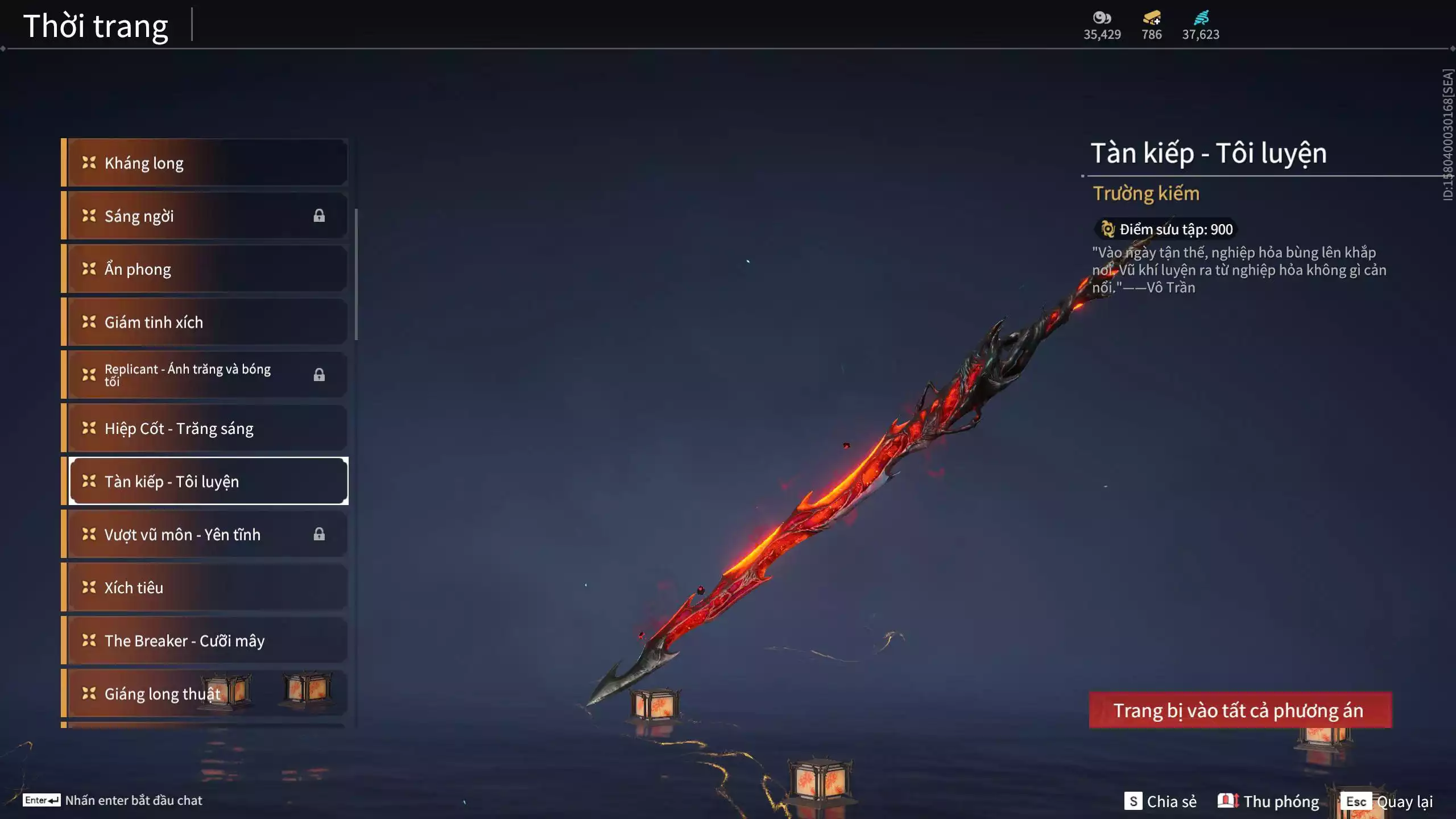 Ảnh Acc 614:Trích Tinh: Tín Thủ Trảm Long ( 1 sao vàng), 12 Vũ khí đỏ, 7 Trang phục đỏ