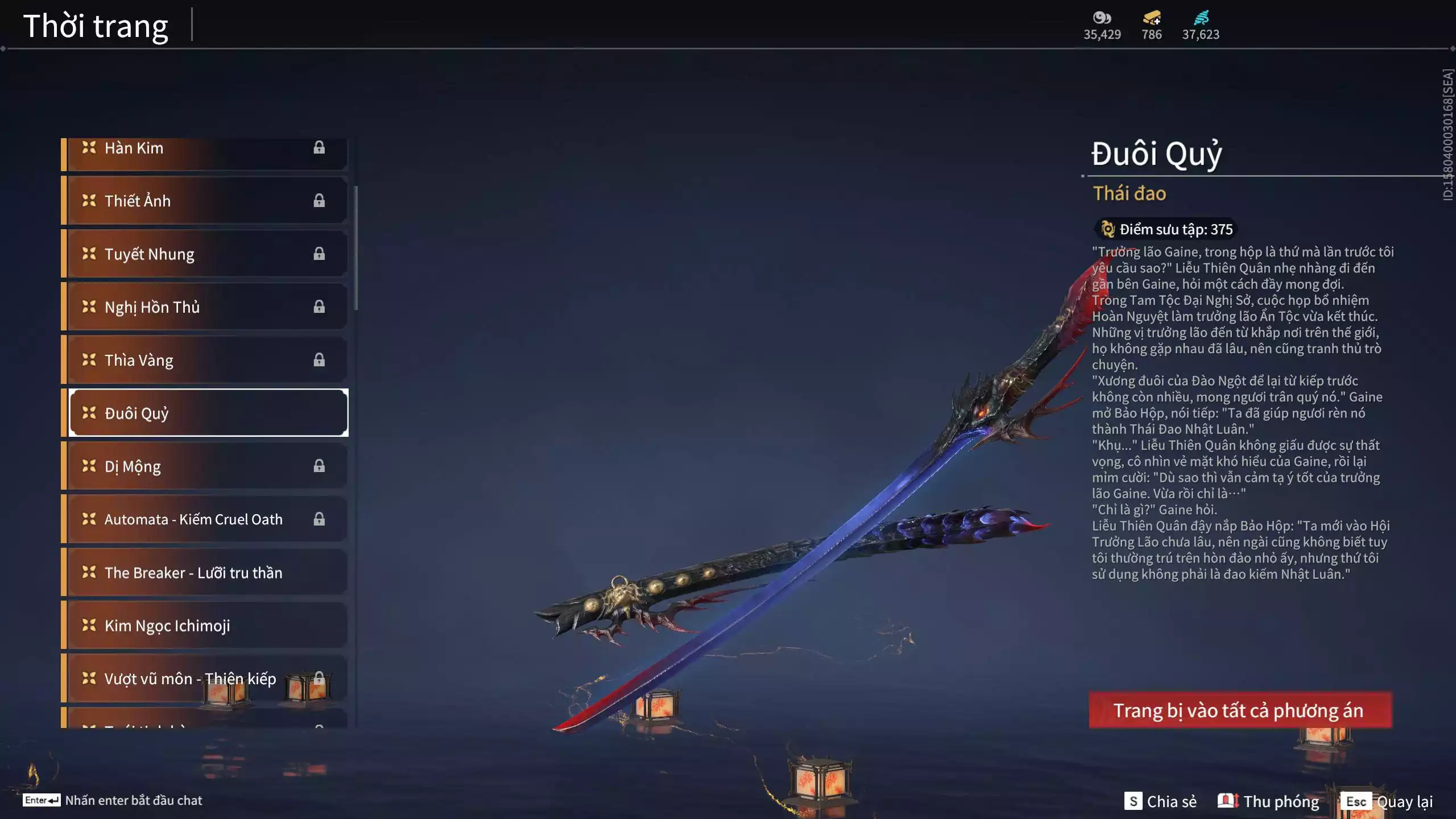 Ảnh Acc 614:Trích Tinh: Tín Thủ Trảm Long ( 1 sao vàng), 12 Vũ khí đỏ, 7 Trang phục đỏ