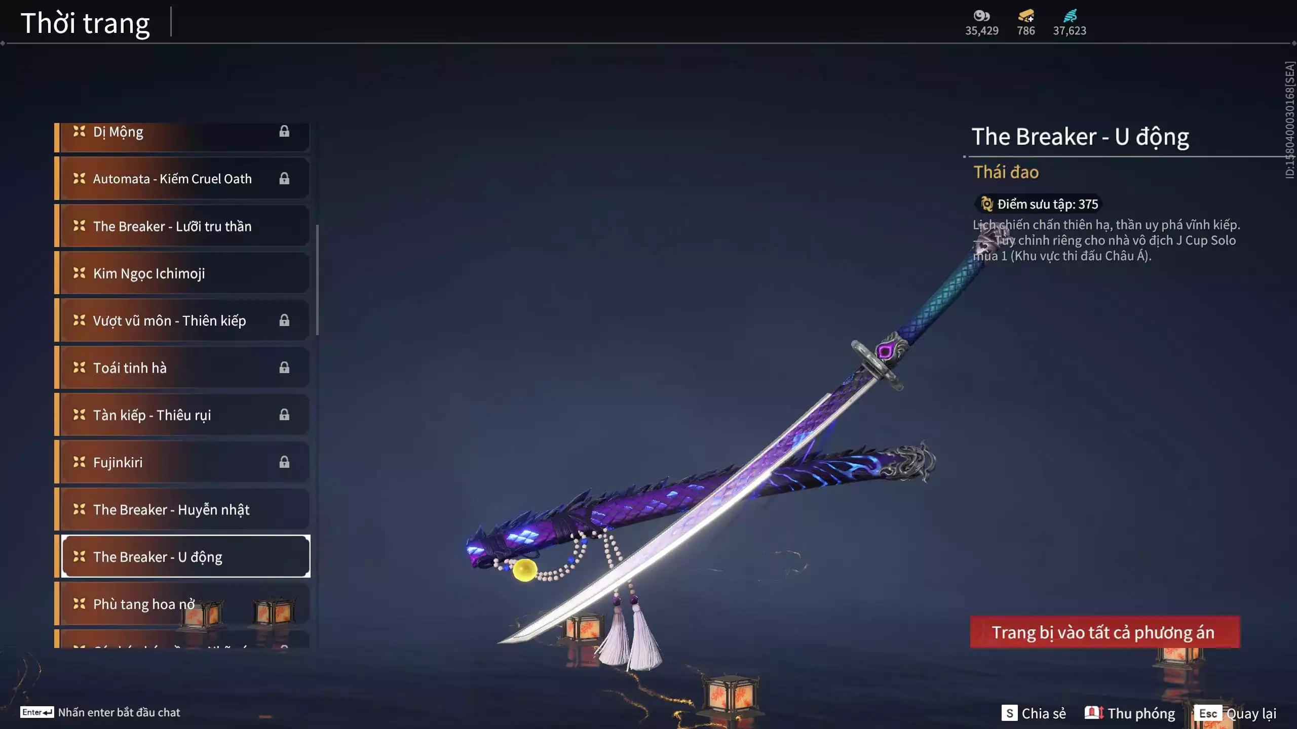 Ảnh Acc 614:Trích Tinh: Tín Thủ Trảm Long ( 1 sao vàng), 12 Vũ khí đỏ, 7 Trang phục đỏ