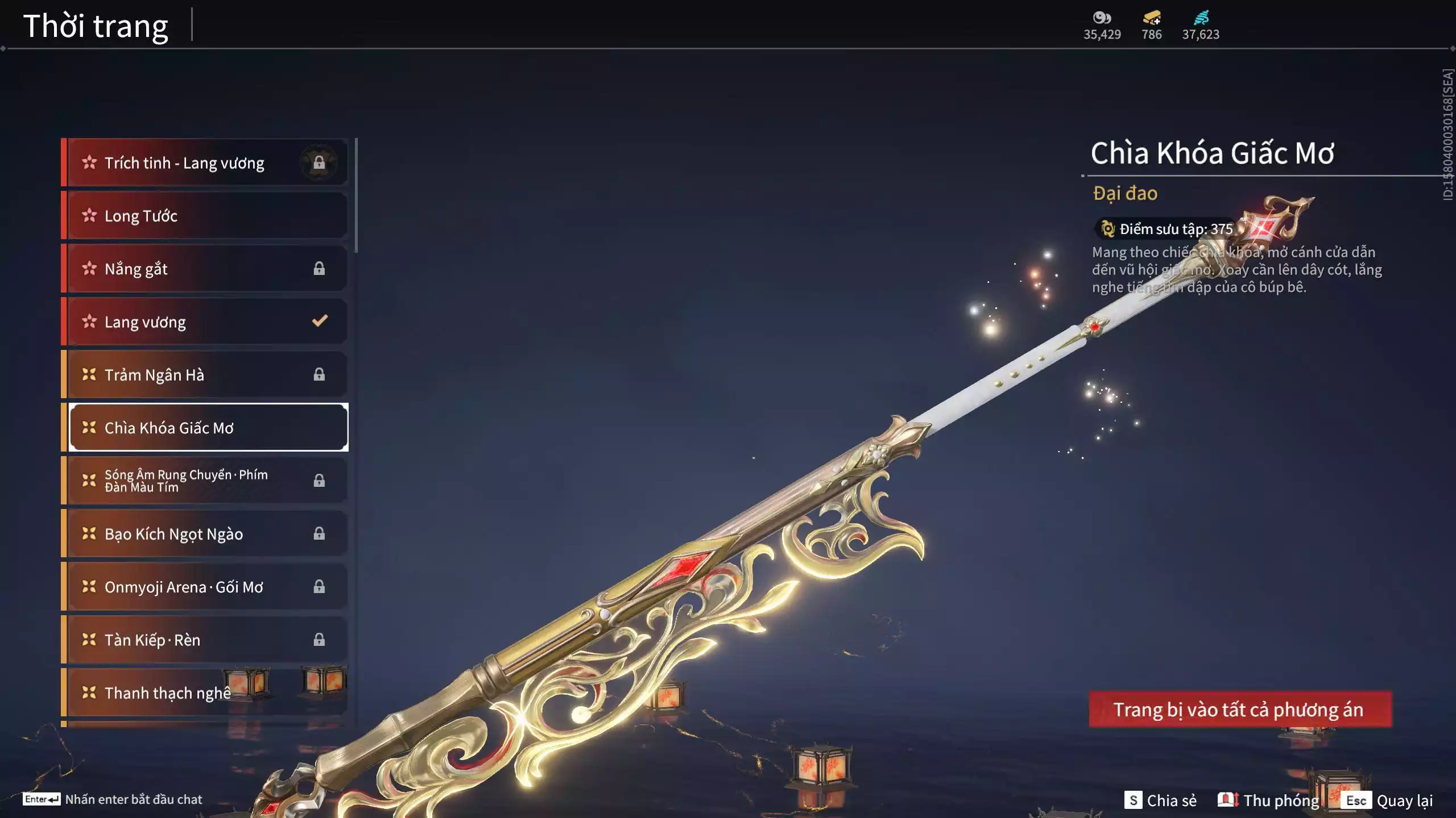 Ảnh Acc 614:Trích Tinh: Tín Thủ Trảm Long ( 1 sao vàng), 12 Vũ khí đỏ, 7 Trang phục đỏ