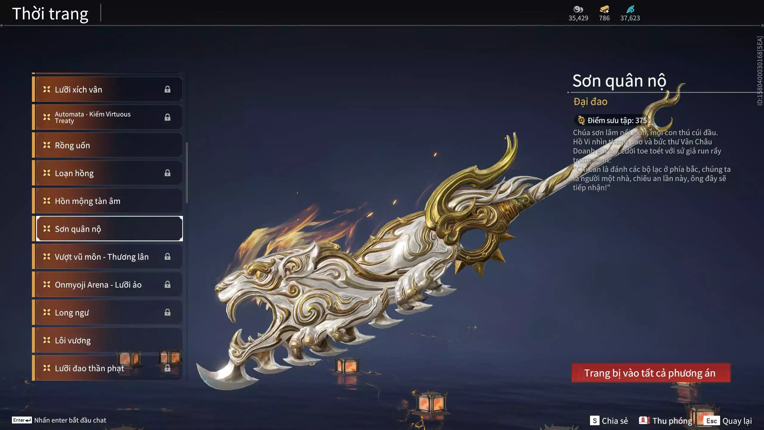 Ảnh Acc 614:Trích Tinh: Tín Thủ Trảm Long ( 1 sao vàng), 12 Vũ khí đỏ, 7 Trang phục đỏ