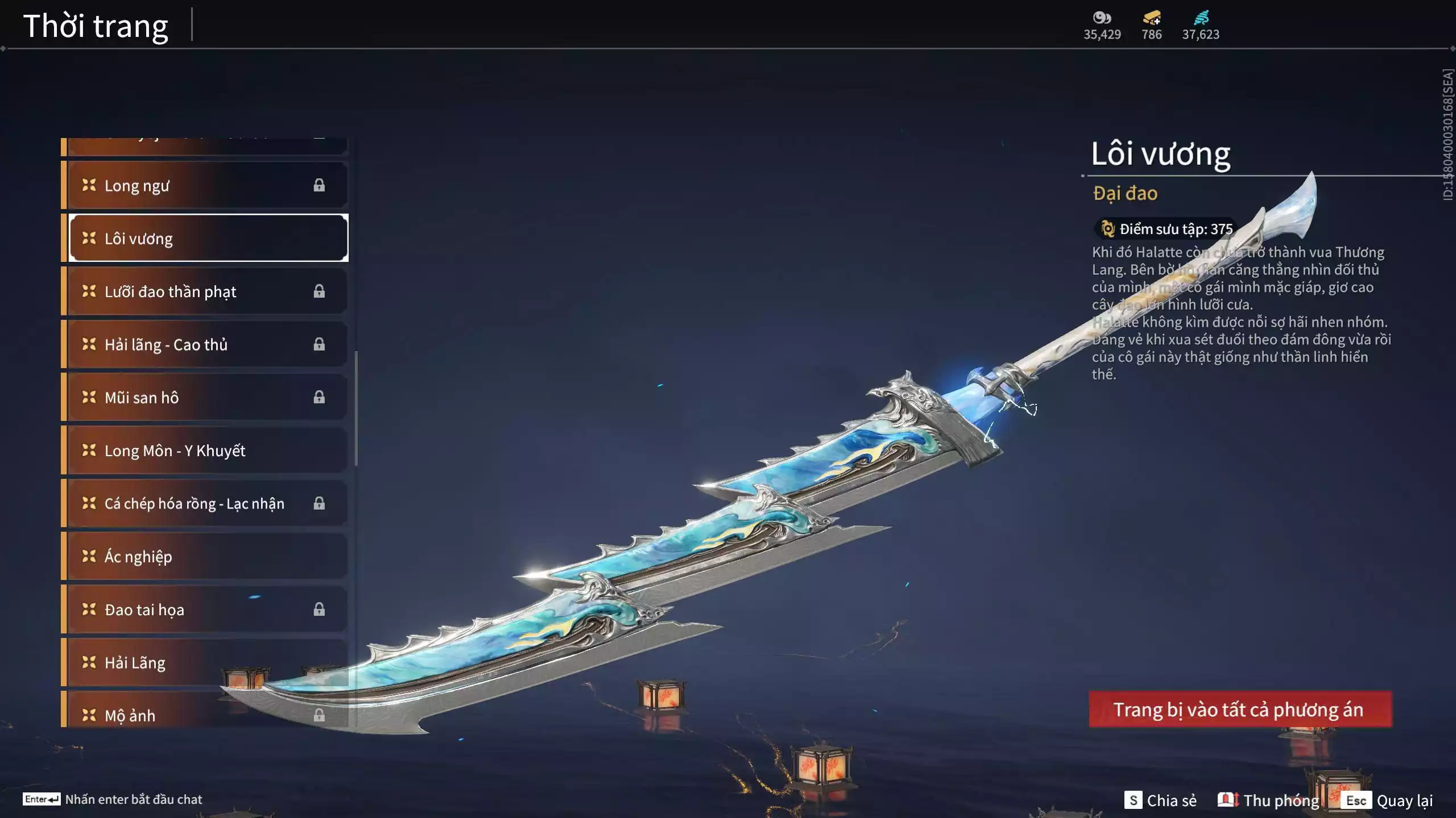 Ảnh Acc 614:Trích Tinh: Tín Thủ Trảm Long ( 1 sao vàng), 12 Vũ khí đỏ, 7 Trang phục đỏ