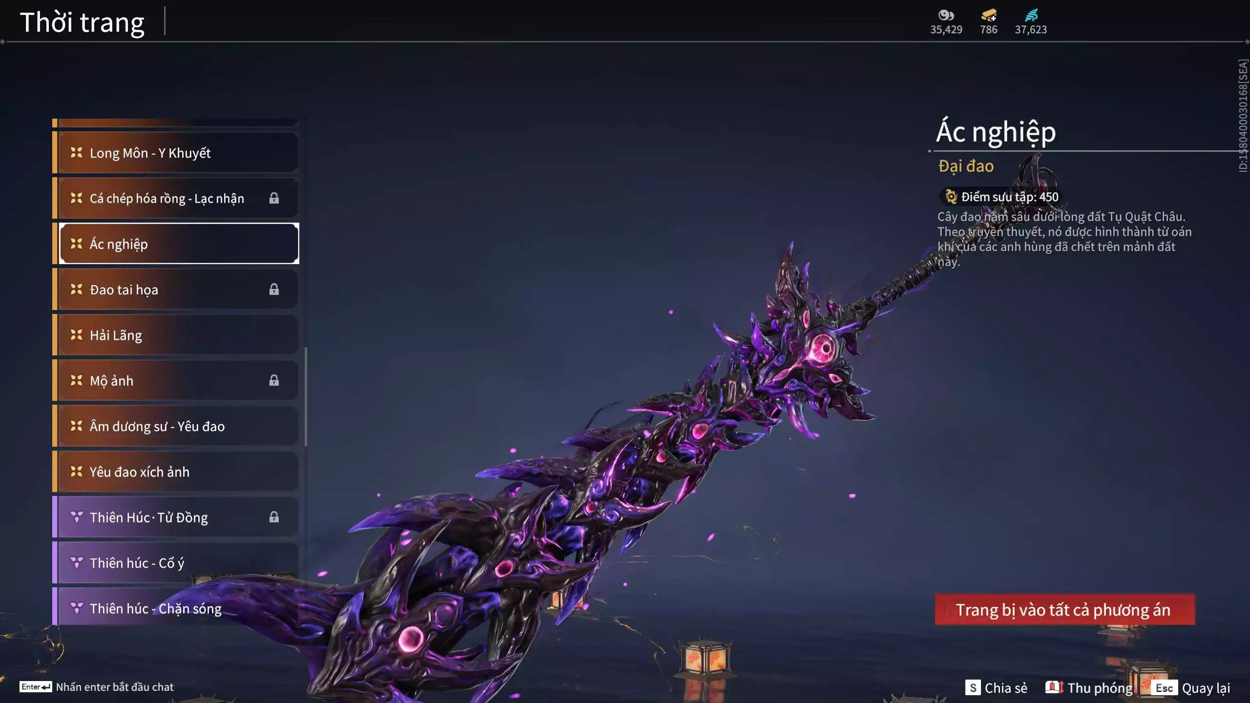 Ảnh Acc 614:Trích Tinh: Tín Thủ Trảm Long ( 1 sao vàng), 12 Vũ khí đỏ, 7 Trang phục đỏ