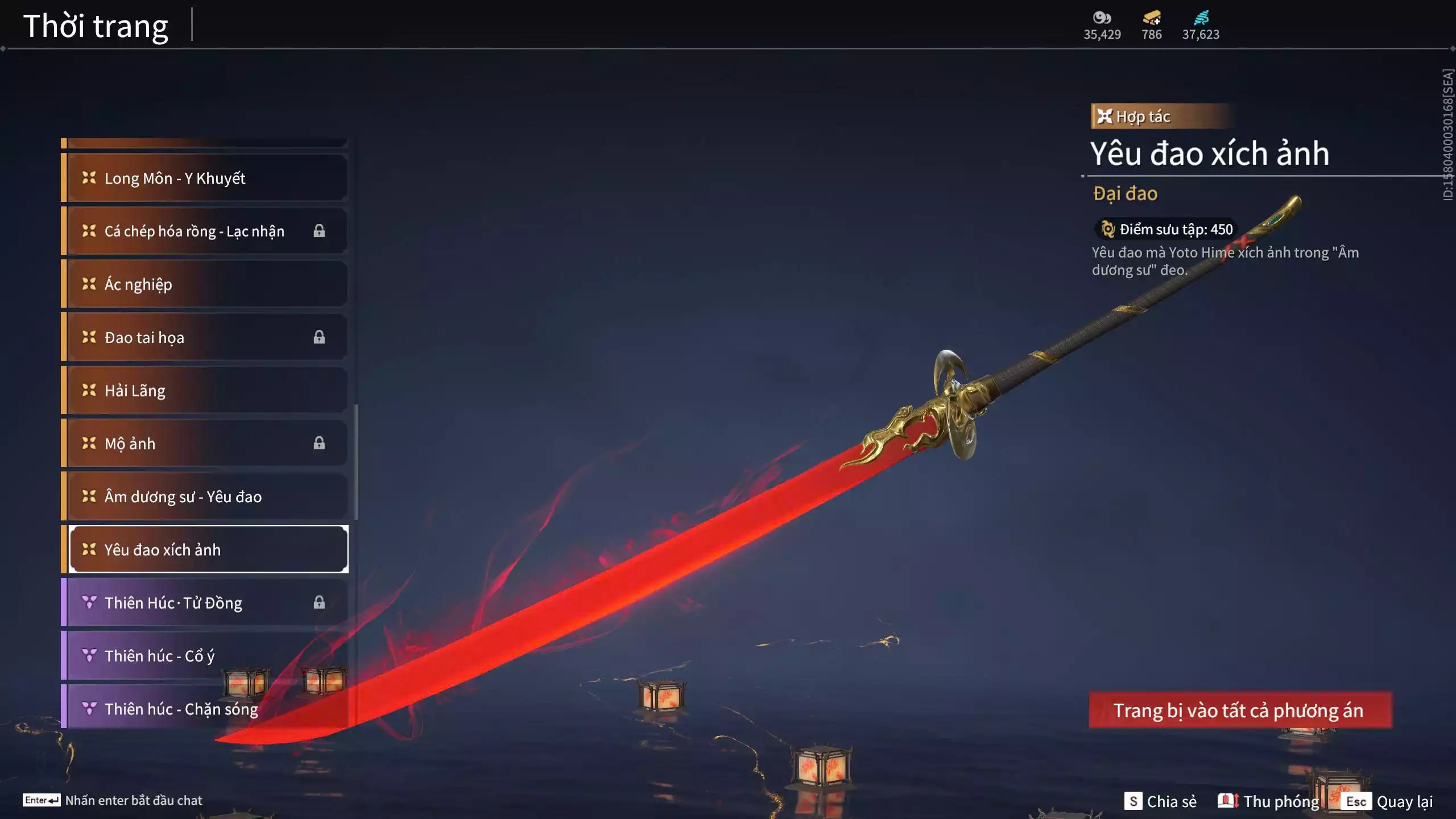 Ảnh Acc 614:Trích Tinh: Tín Thủ Trảm Long ( 1 sao vàng), 12 Vũ khí đỏ, 7 Trang phục đỏ