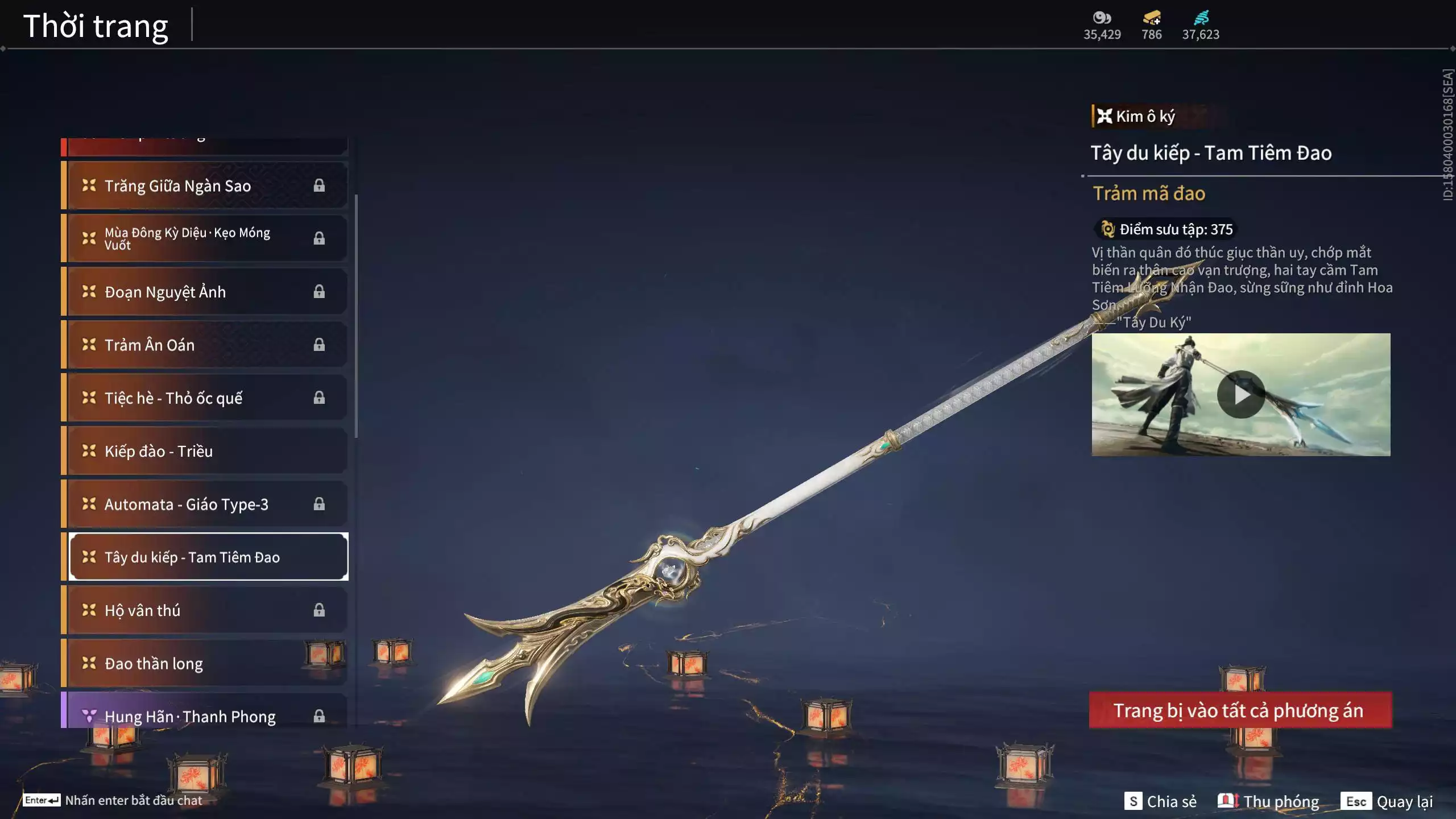 Ảnh Acc 614:Trích Tinh: Tín Thủ Trảm Long ( 1 sao vàng), 12 Vũ khí đỏ, 7 Trang phục đỏ