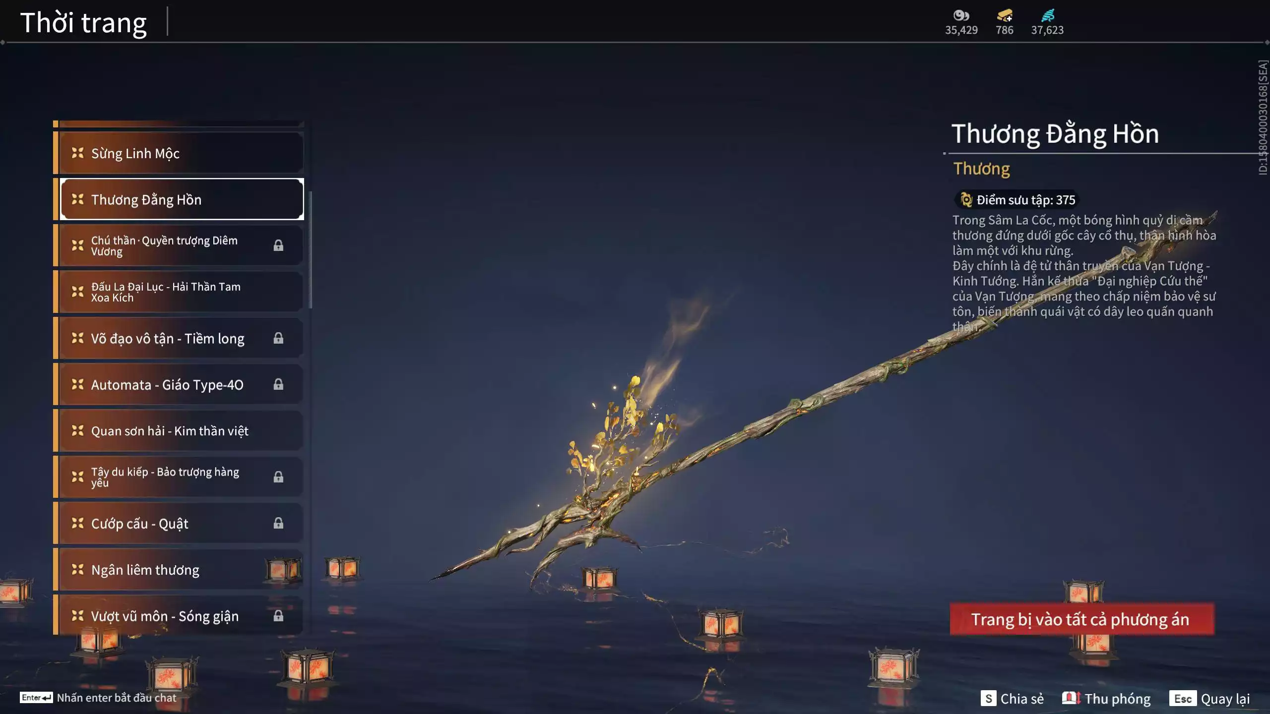 Ảnh Acc 614:Trích Tinh: Tín Thủ Trảm Long ( 1 sao vàng), 12 Vũ khí đỏ, 7 Trang phục đỏ