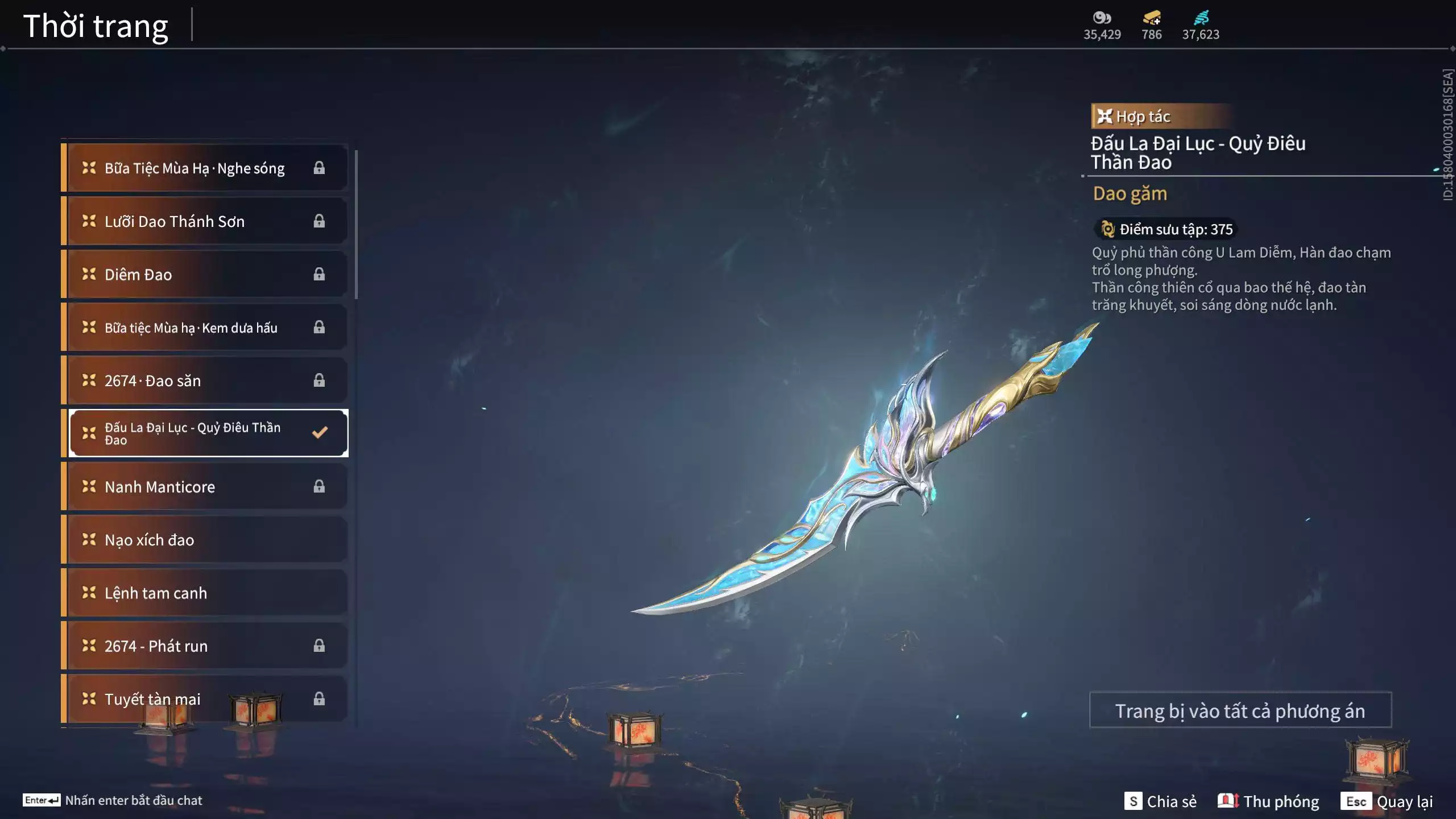 Ảnh Acc 614:Trích Tinh: Tín Thủ Trảm Long ( 1 sao vàng), 12 Vũ khí đỏ, 7 Trang phục đỏ