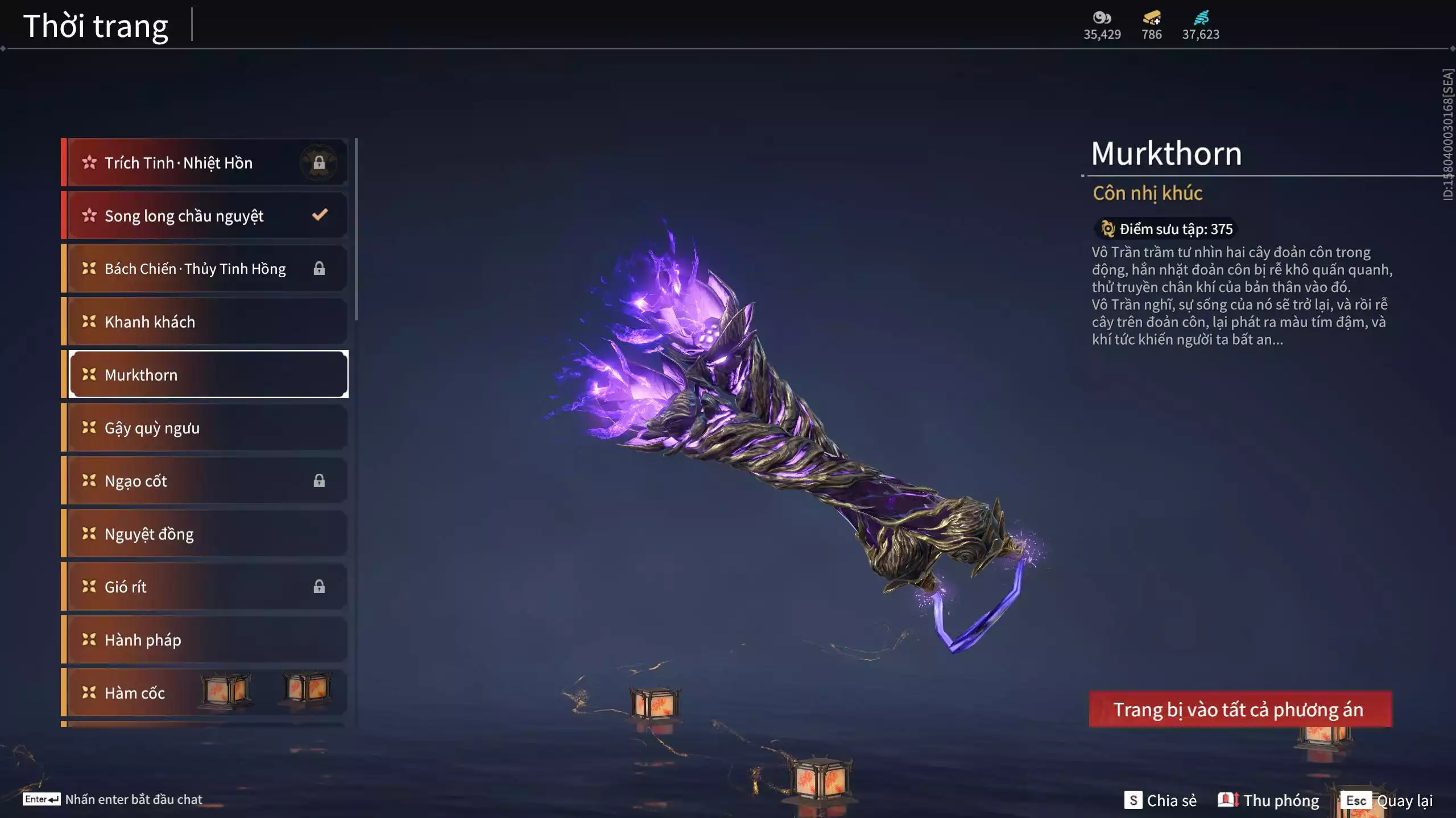 Ảnh Acc 614:Trích Tinh: Tín Thủ Trảm Long ( 1 sao vàng), 12 Vũ khí đỏ, 7 Trang phục đỏ