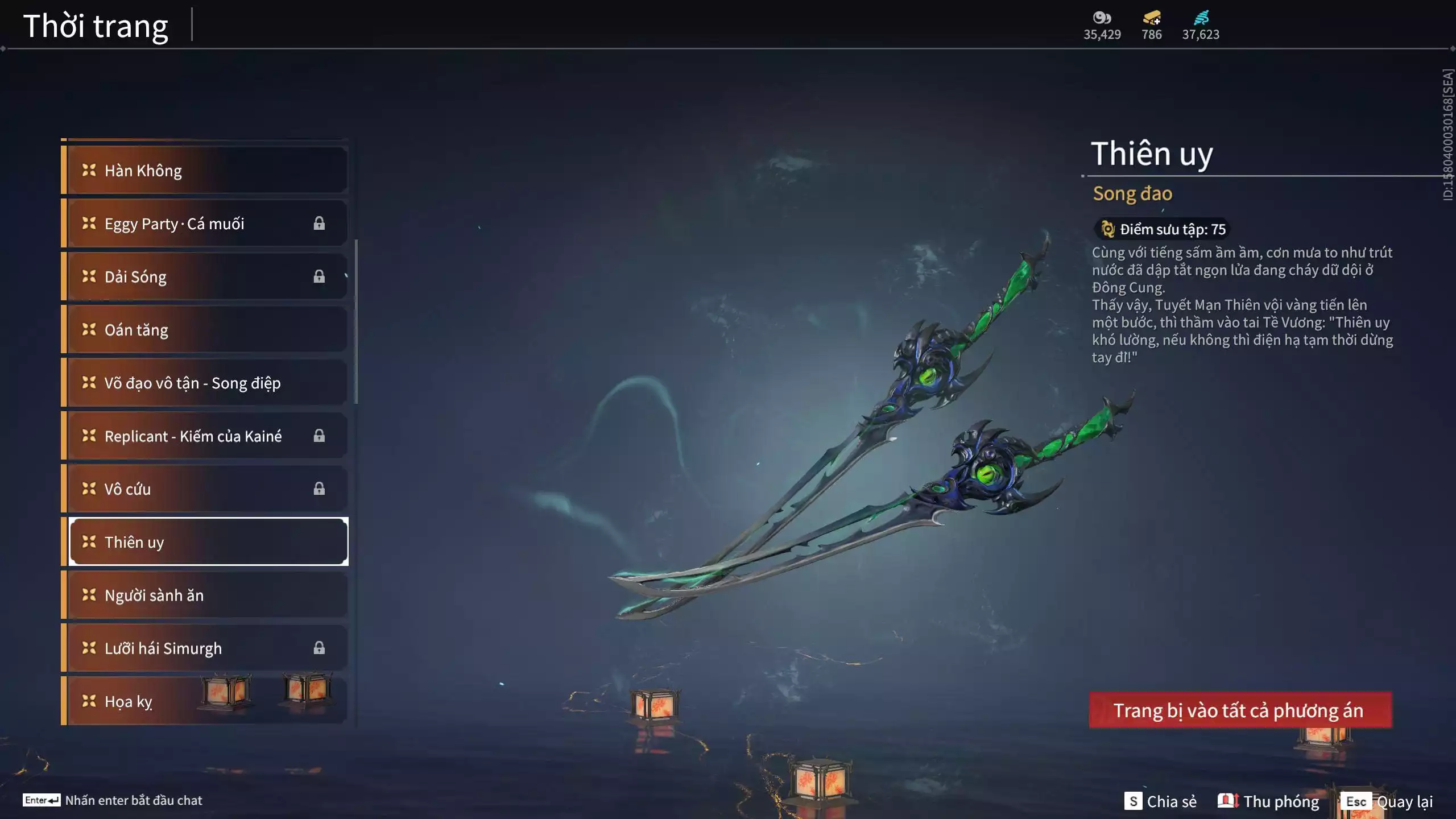 Ảnh Acc 614:Trích Tinh: Tín Thủ Trảm Long ( 1 sao vàng), 12 Vũ khí đỏ, 7 Trang phục đỏ