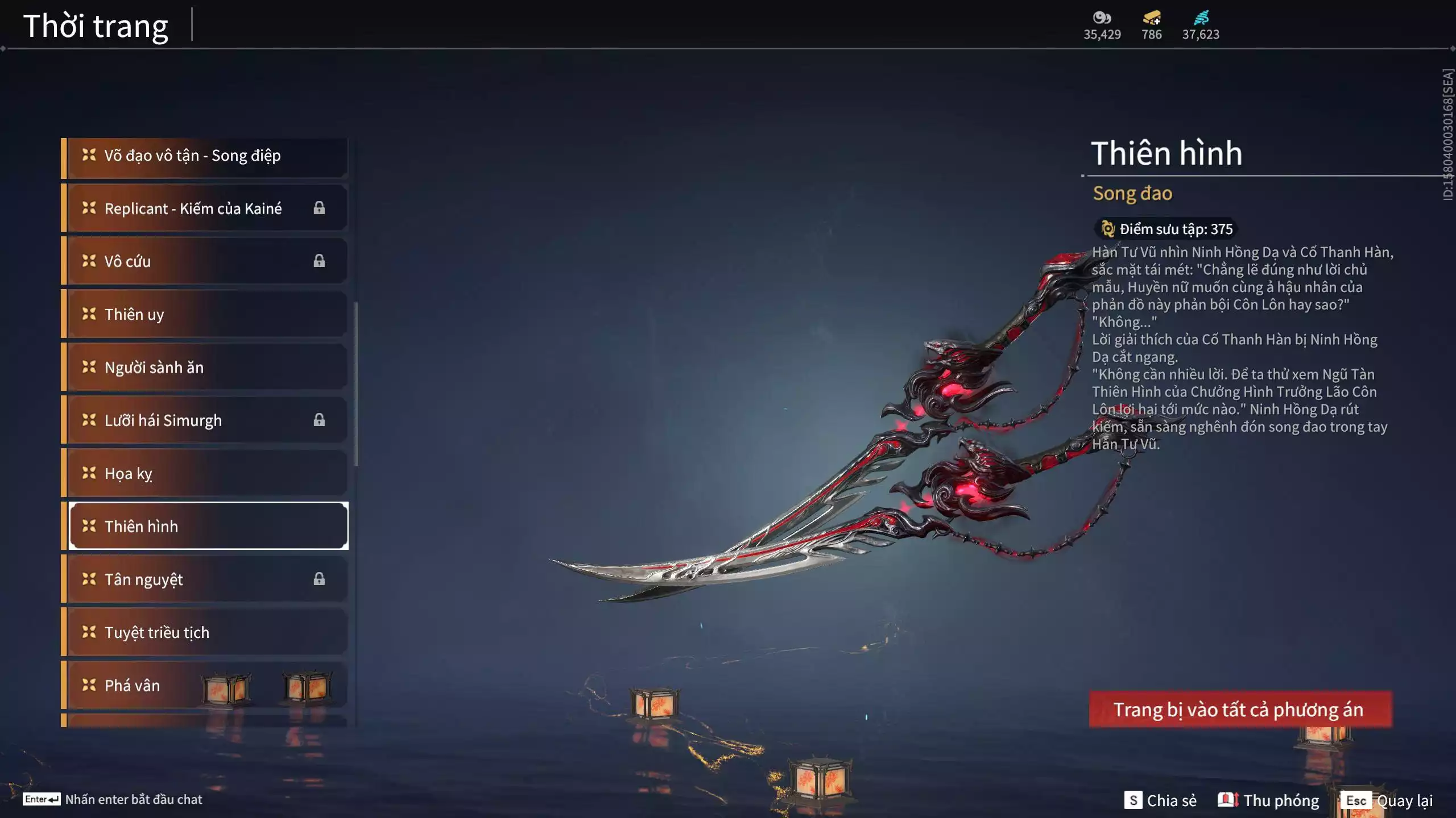 Ảnh Acc 614:Trích Tinh: Tín Thủ Trảm Long ( 1 sao vàng), 12 Vũ khí đỏ, 7 Trang phục đỏ