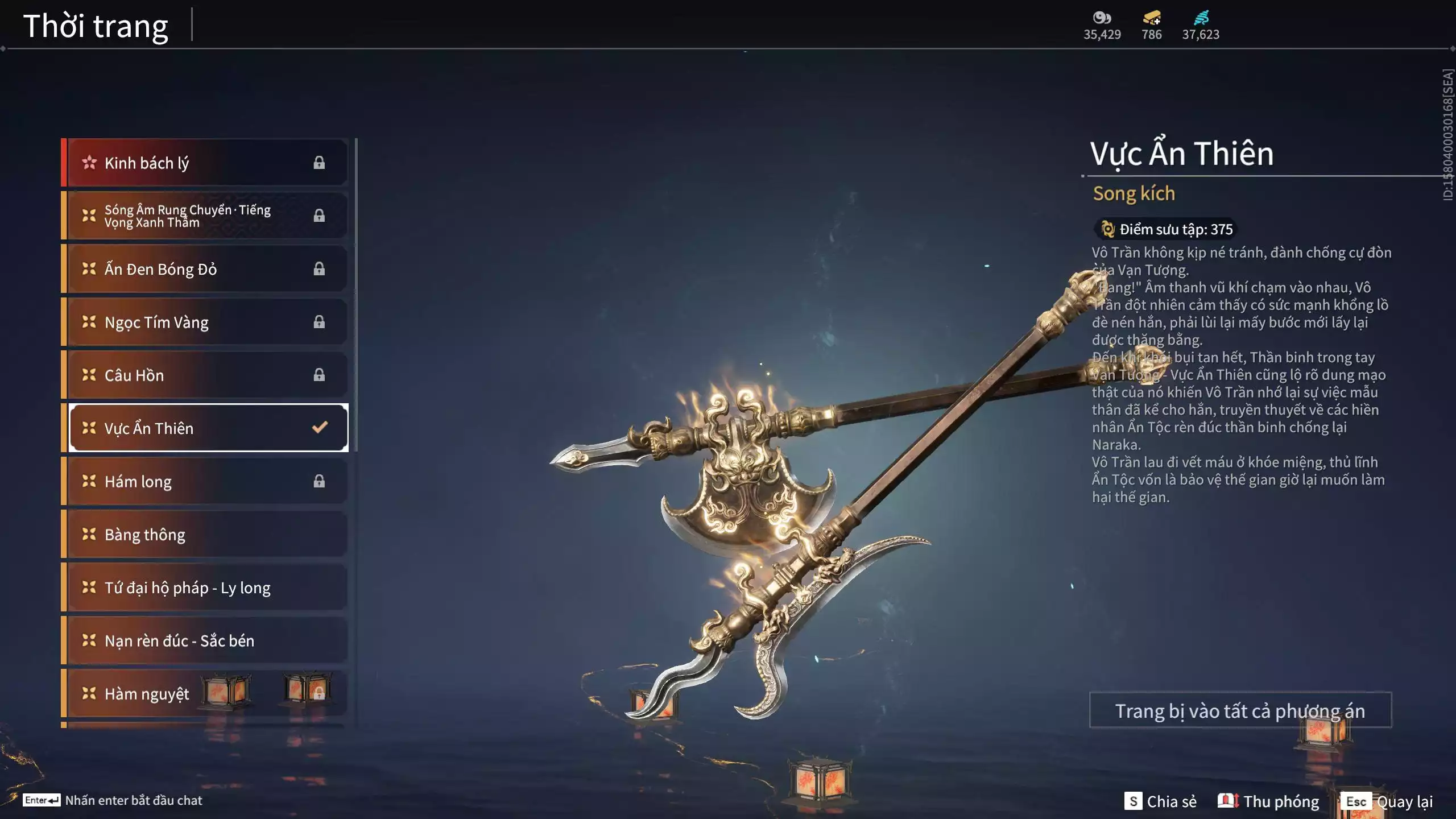 Ảnh Acc 614:Trích Tinh: Tín Thủ Trảm Long ( 1 sao vàng), 12 Vũ khí đỏ, 7 Trang phục đỏ