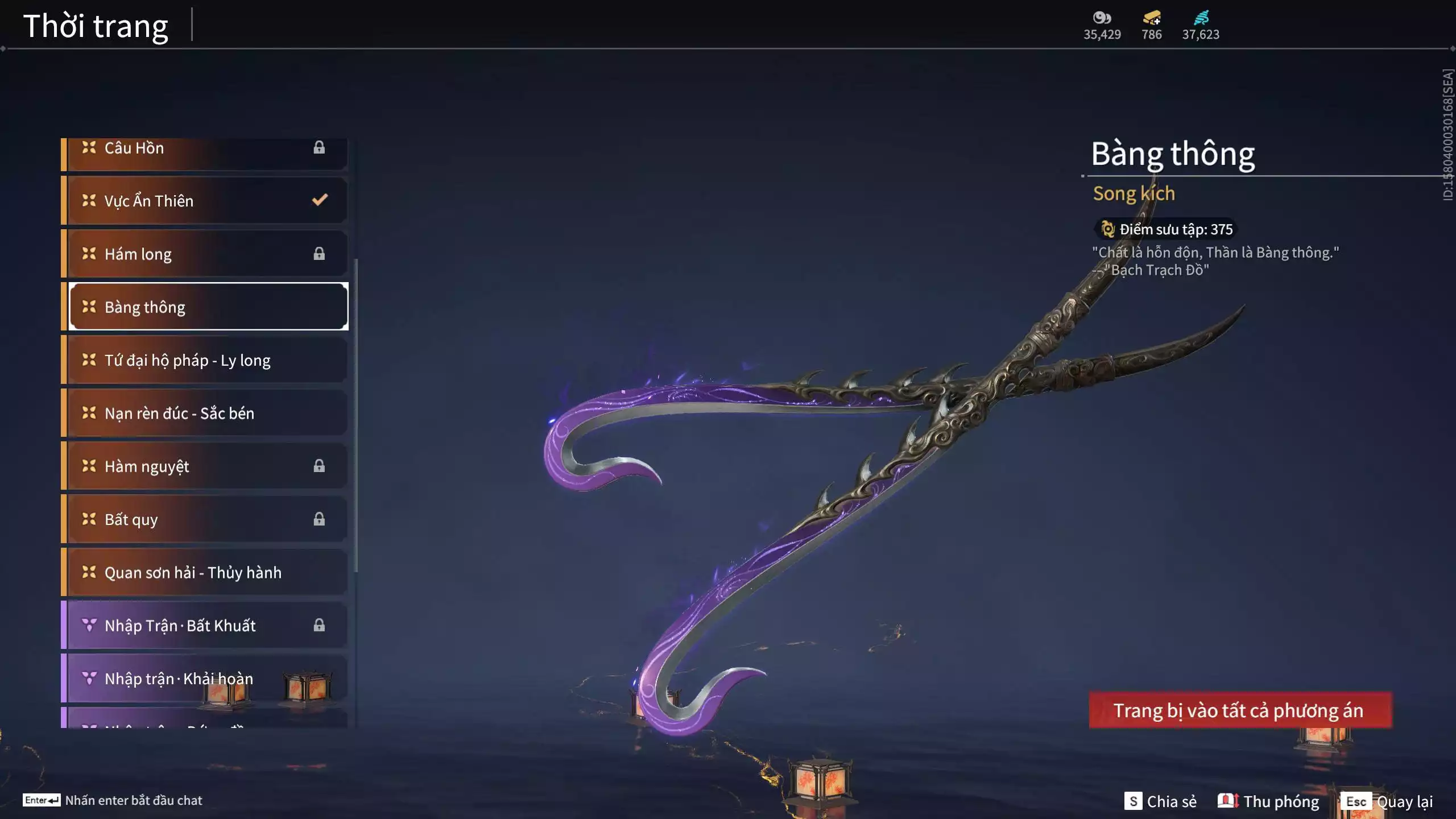 Ảnh Acc 614:Trích Tinh: Tín Thủ Trảm Long ( 1 sao vàng), 12 Vũ khí đỏ, 7 Trang phục đỏ