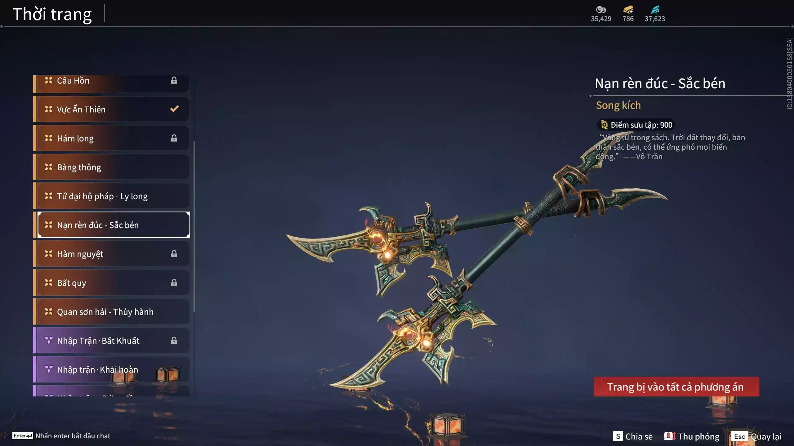 Ảnh Acc 614:Trích Tinh: Tín Thủ Trảm Long ( 1 sao vàng), 12 Vũ khí đỏ, 7 Trang phục đỏ