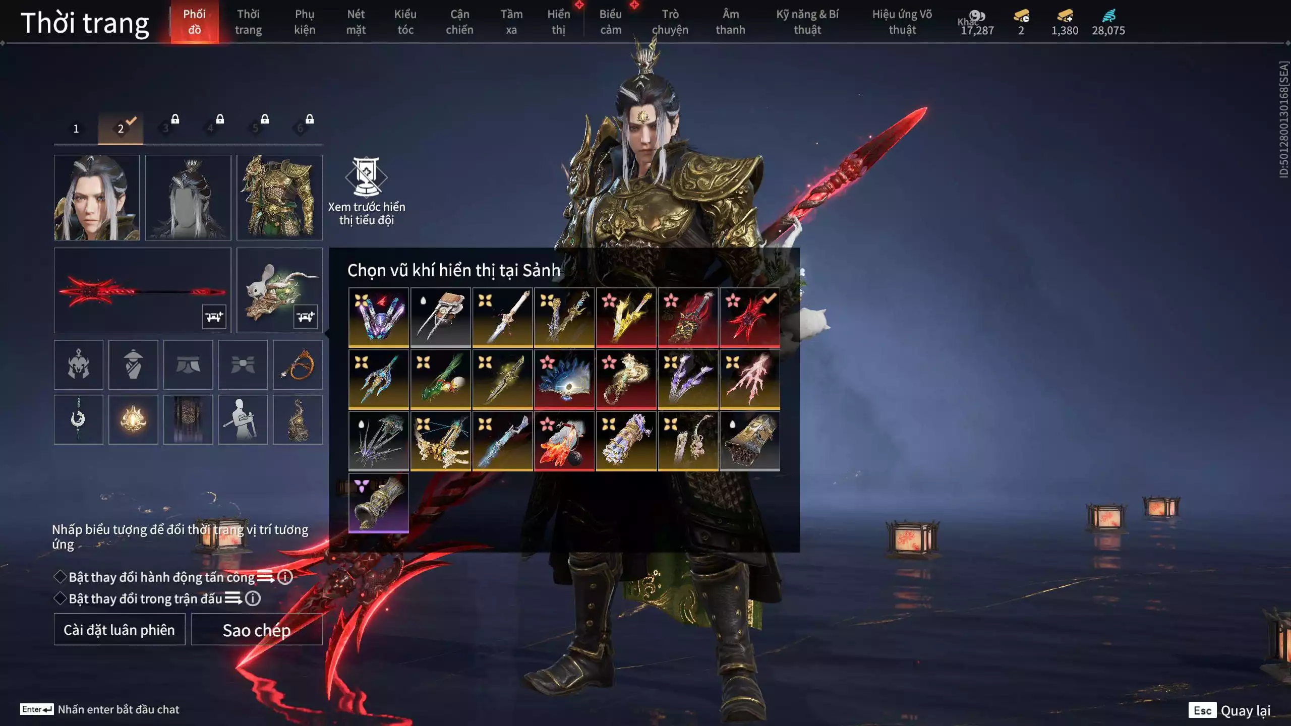 Ảnh Acc 494: 7 Vũ khí đỏ: Ngược Đêm Rạng, Song Long Chầu Nguyệt, Đại Đao Lang Vương, Bỉ Nghệ, Kích Phi Tướng, Pháo- Thiên Phạt, Long Tước, 3 Trang phục đỏ: Tân Hôn Nhuộm Đỏ, Giám Binh Hung Thần, Thanh Long Tướng Tinh