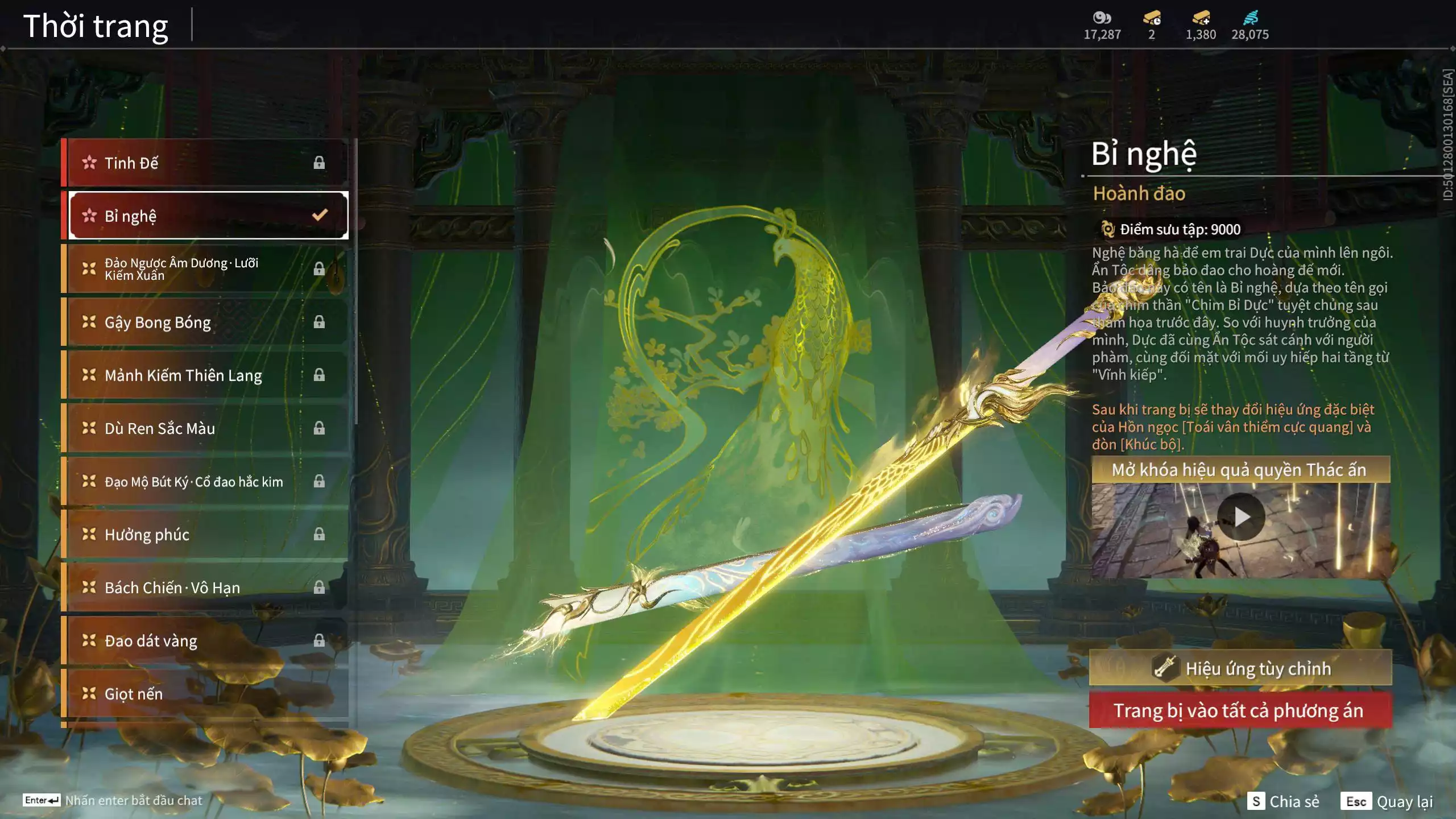 Ảnh Acc 494: 7 Vũ khí đỏ: Ngược Đêm Rạng, Song Long Chầu Nguyệt, Đại Đao Lang Vương, Bỉ Nghệ, Kích Phi Tướng, Pháo- Thiên Phạt, Long Tước, 3 Trang phục đỏ: Tân Hôn Nhuộm Đỏ, Giám Binh Hung Thần, Thanh Long Tướng Tinh