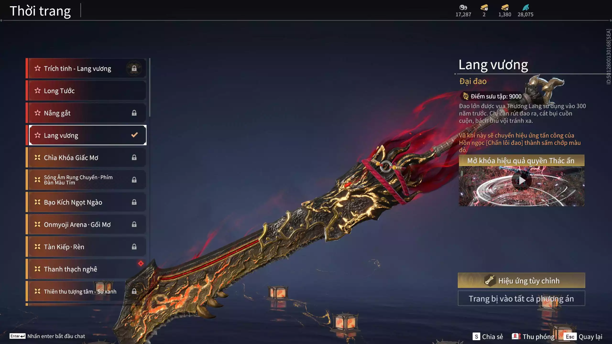 Ảnh Acc 494: 7 Vũ khí đỏ: Ngược Đêm Rạng, Song Long Chầu Nguyệt, Đại Đao Lang Vương, Bỉ Nghệ, Kích Phi Tướng, Pháo- Thiên Phạt, Long Tước, 3 Trang phục đỏ: Tân Hôn Nhuộm Đỏ, Giám Binh Hung Thần, Thanh Long Tướng Tinh