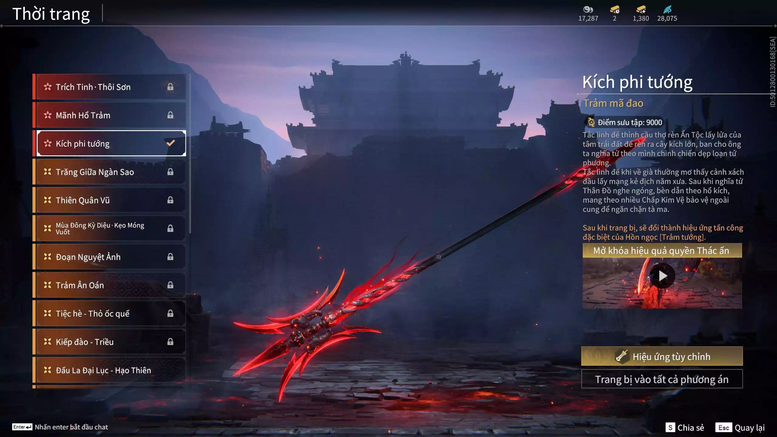 Ảnh Acc 494: 7 Vũ khí đỏ: Ngược Đêm Rạng, Song Long Chầu Nguyệt, Đại Đao Lang Vương, Bỉ Nghệ, Kích Phi Tướng, Pháo- Thiên Phạt, Long Tước, 3 Trang phục đỏ: Tân Hôn Nhuộm Đỏ, Giám Binh Hung Thần, Thanh Long Tướng Tinh