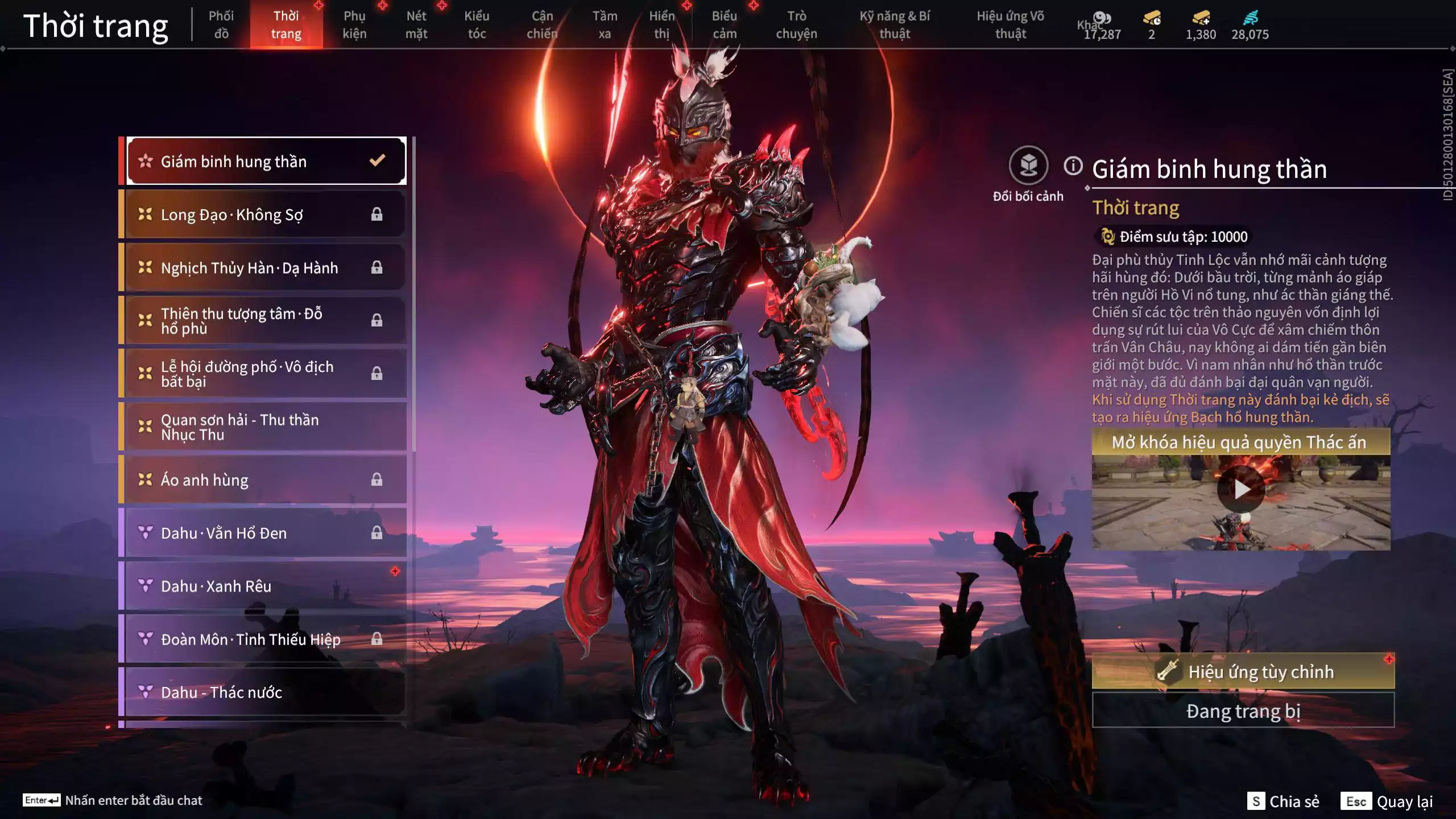 Ảnh Acc 494: 7 Vũ khí đỏ: Ngược Đêm Rạng, Song Long Chầu Nguyệt, Đại Đao Lang Vương, Bỉ Nghệ, Kích Phi Tướng, Pháo- Thiên Phạt, Long Tước, 3 Trang phục đỏ: Tân Hôn Nhuộm Đỏ, Giám Binh Hung Thần, Thanh Long Tướng Tinh