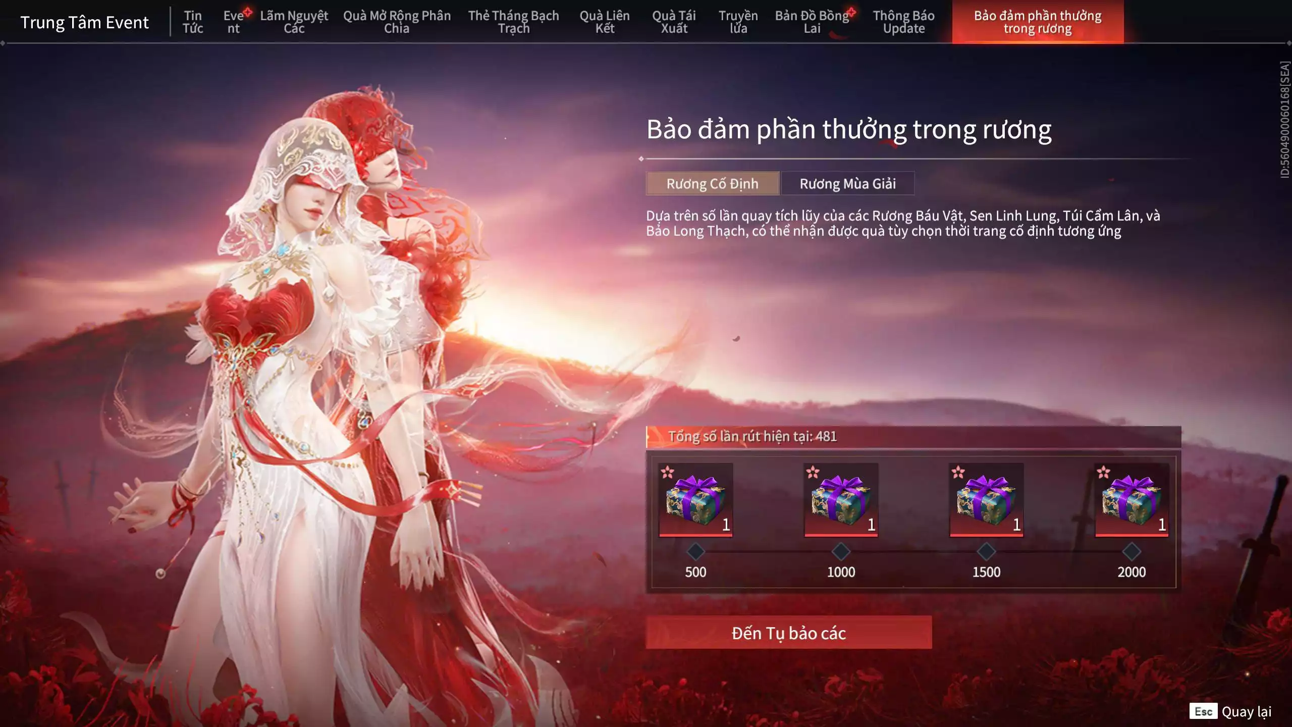 Ảnh Acc 492:3 Vũ khí đỏ: Long Tước, Song Long Chầu Nguyệt, Pháo Thiên Phạt, 1 Trang phục đỏ: Chấp Minh Thần Quân