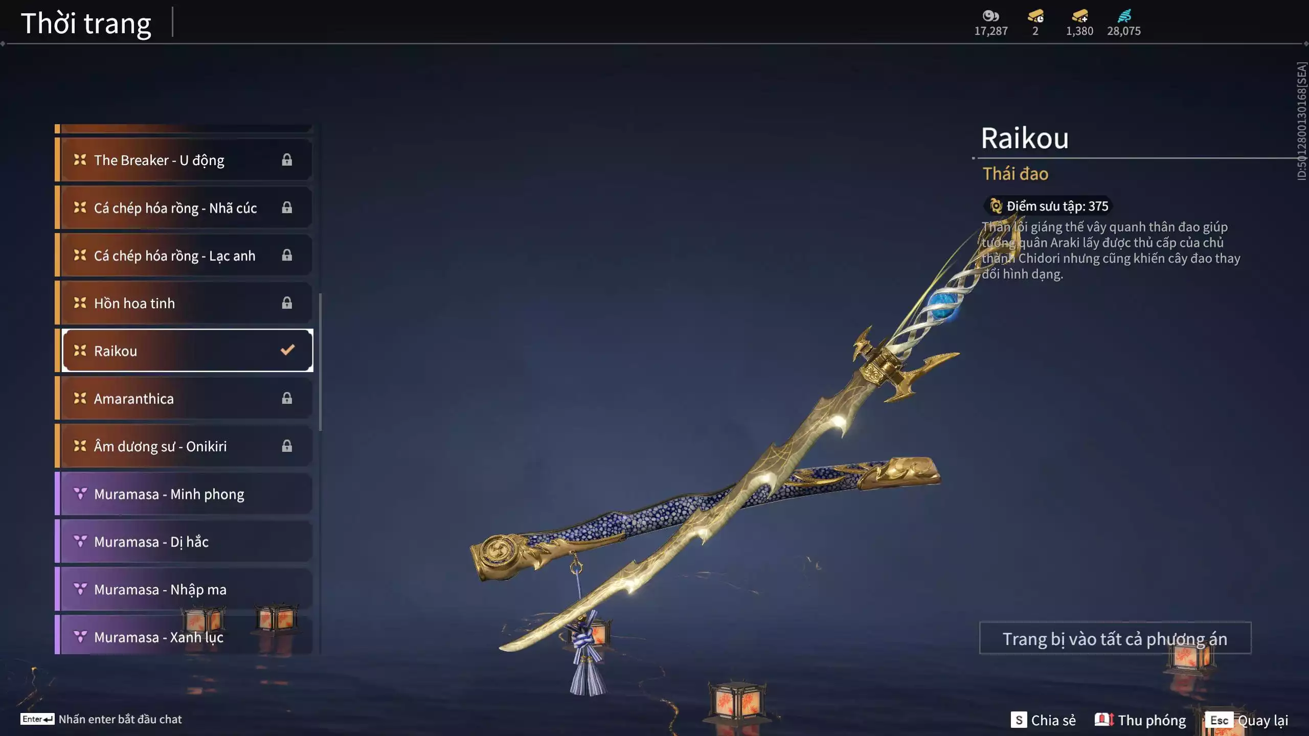 Ảnh Acc 494: 7 Vũ khí đỏ: Ngược Đêm Rạng, Song Long Chầu Nguyệt, Đại Đao Lang Vương, Bỉ Nghệ, Kích Phi Tướng, Pháo- Thiên Phạt, Long Tước, 3 Trang phục đỏ: Tân Hôn Nhuộm Đỏ, Giám Binh Hung Thần, Thanh Long Tướng Tinh