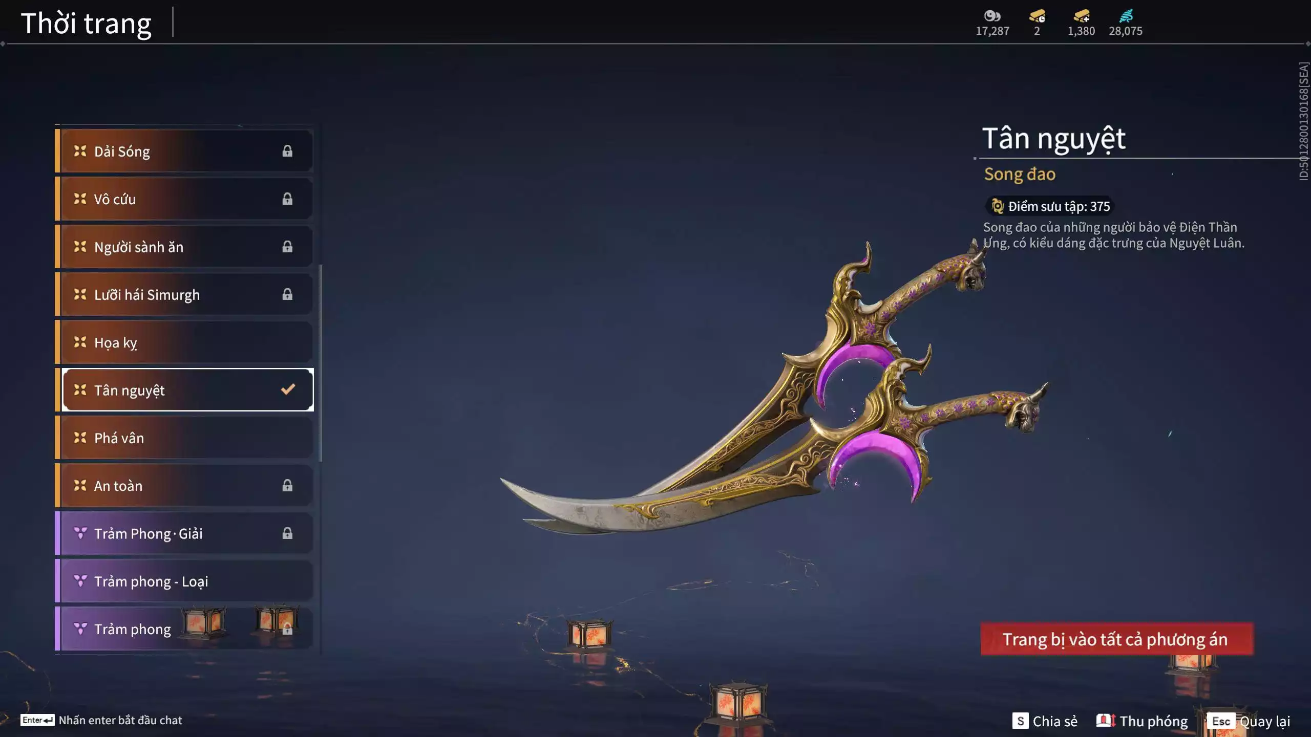 Ảnh Acc 494: 7 Vũ khí đỏ: Ngược Đêm Rạng, Song Long Chầu Nguyệt, Đại Đao Lang Vương, Bỉ Nghệ, Kích Phi Tướng, Pháo- Thiên Phạt, Long Tước, 3 Trang phục đỏ: Tân Hôn Nhuộm Đỏ, Giám Binh Hung Thần, Thanh Long Tướng Tinh