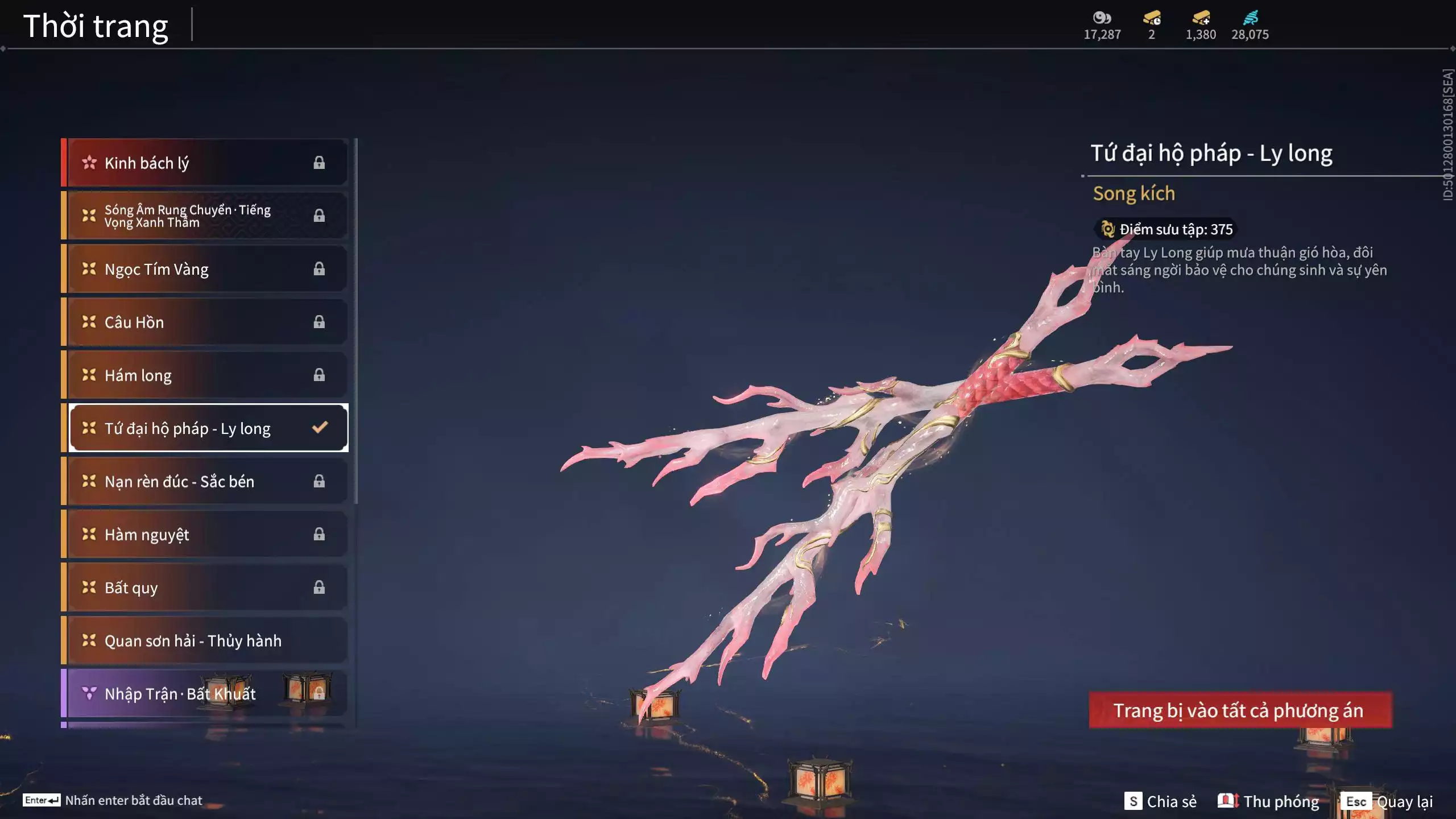 Ảnh Acc 494: 7 Vũ khí đỏ: Ngược Đêm Rạng, Song Long Chầu Nguyệt, Đại Đao Lang Vương, Bỉ Nghệ, Kích Phi Tướng, Pháo- Thiên Phạt, Long Tước, 3 Trang phục đỏ: Tân Hôn Nhuộm Đỏ, Giám Binh Hung Thần, Thanh Long Tướng Tinh