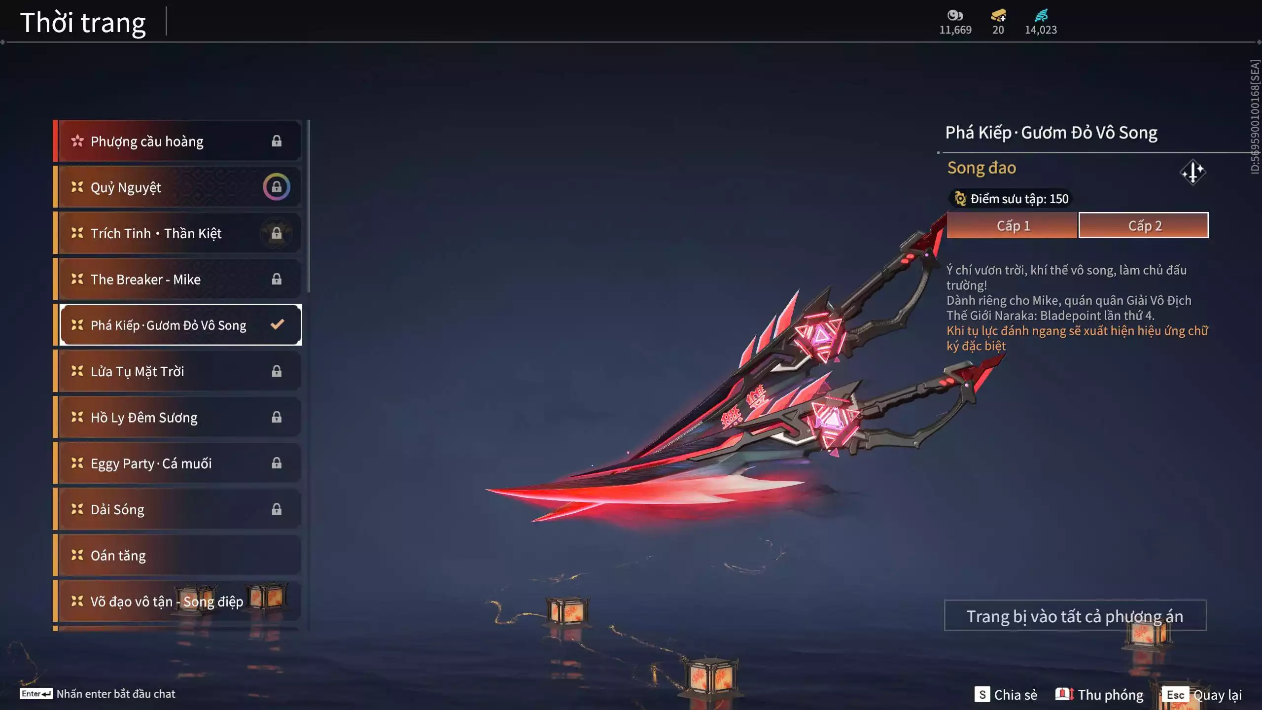 Ảnh Acc 530: 4 Vũ khí đỏ: Kiếm Thiếu Dương, Kích phi tướng, Song Long Chầu Nguyệt, Long Tước, 4 Thời trang đỏ: Giám binh hung thần, Hóa Thân Minh Vương, Người Hóa Đạo, Điệp Mộng