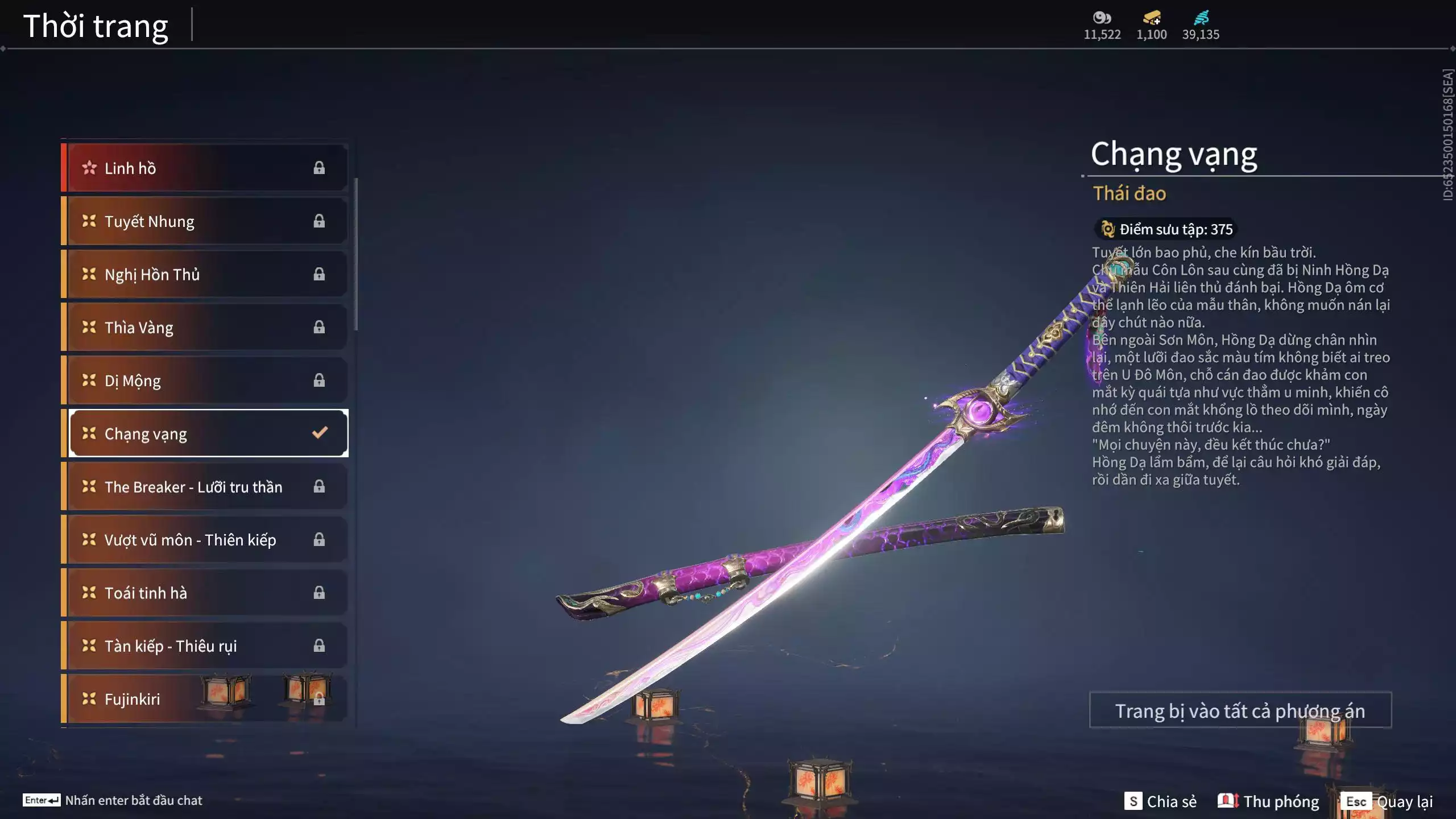 Ảnh Acc 550: ***Sẵn 1100 vàng*** 5 Vũ khí đỏ: Thương Linh Tê, Đại Đao Lang Vương, Long Tước , Song Long Chầu Nguyệt, Pháo- Thiên Phạt, 1 Trang phục đỏ: Lệ Giao Nhân