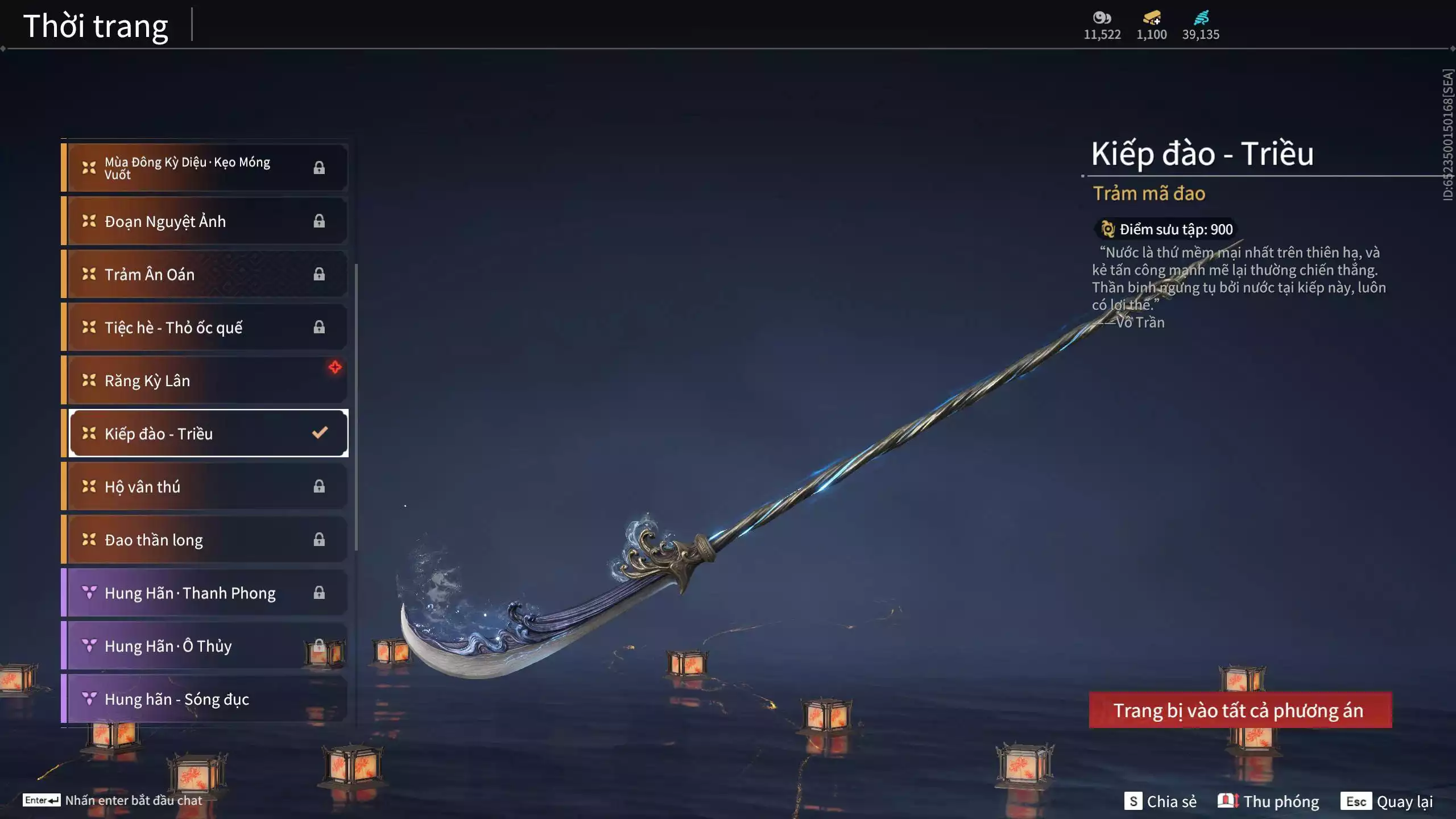 Ảnh Acc 550: ***Sẵn 1100 vàng*** 5 Vũ khí đỏ: Thương Linh Tê, Đại Đao Lang Vương, Long Tước , Song Long Chầu Nguyệt, Pháo- Thiên Phạt, 1 Trang phục đỏ: Lệ Giao Nhân