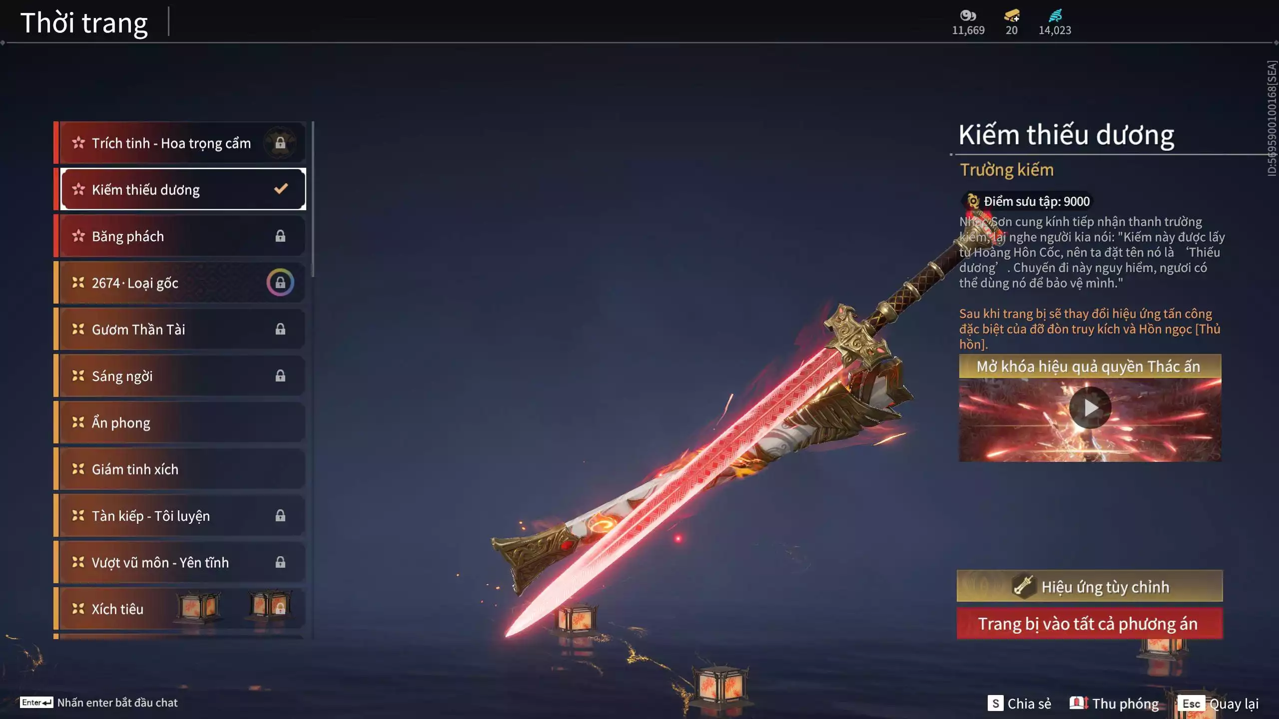 Ảnh Acc 530: 4 Vũ khí đỏ: Kiếm Thiếu Dương, Kích phi tướng, Song Long Chầu Nguyệt, Long Tước, 4 Thời trang đỏ: Giám binh hung thần, Hóa Thân Minh Vương, Người Hóa Đạo, Điệp Mộng