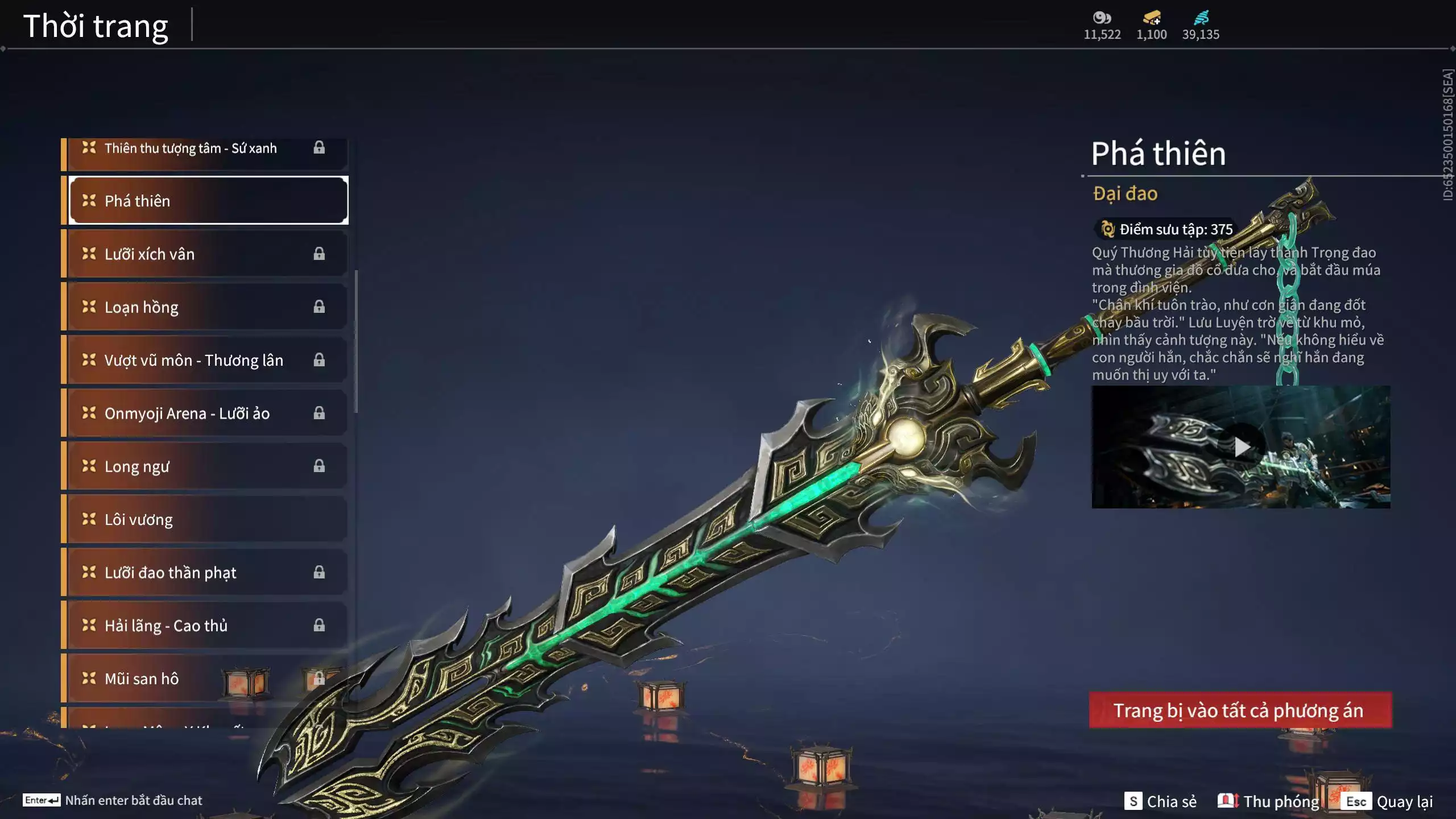 Ảnh Acc 550: ***Sẵn 1100 vàng*** 5 Vũ khí đỏ: Thương Linh Tê, Đại Đao Lang Vương, Long Tước , Song Long Chầu Nguyệt, Pháo- Thiên Phạt, 1 Trang phục đỏ: Lệ Giao Nhân