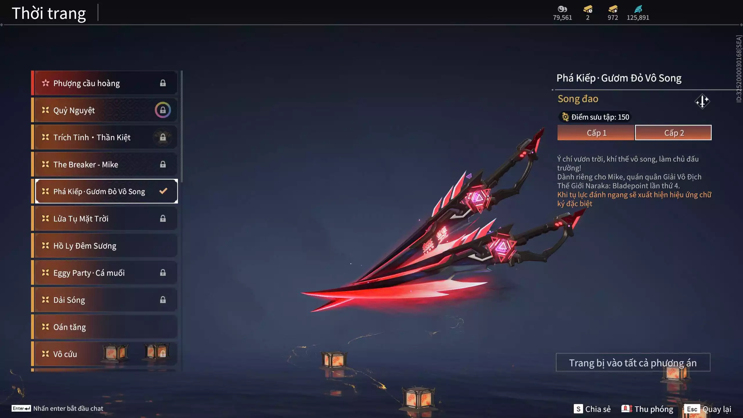 Ảnh Acc 566: 4 Vũ khí đỏ: Tinh Đế, Song Long Chầu Nguyệt, Kích Phi Tướng, Long Tước, 2 Trang phục đỏ: Hóa Thân Minh Vương, Báu Vật Biển